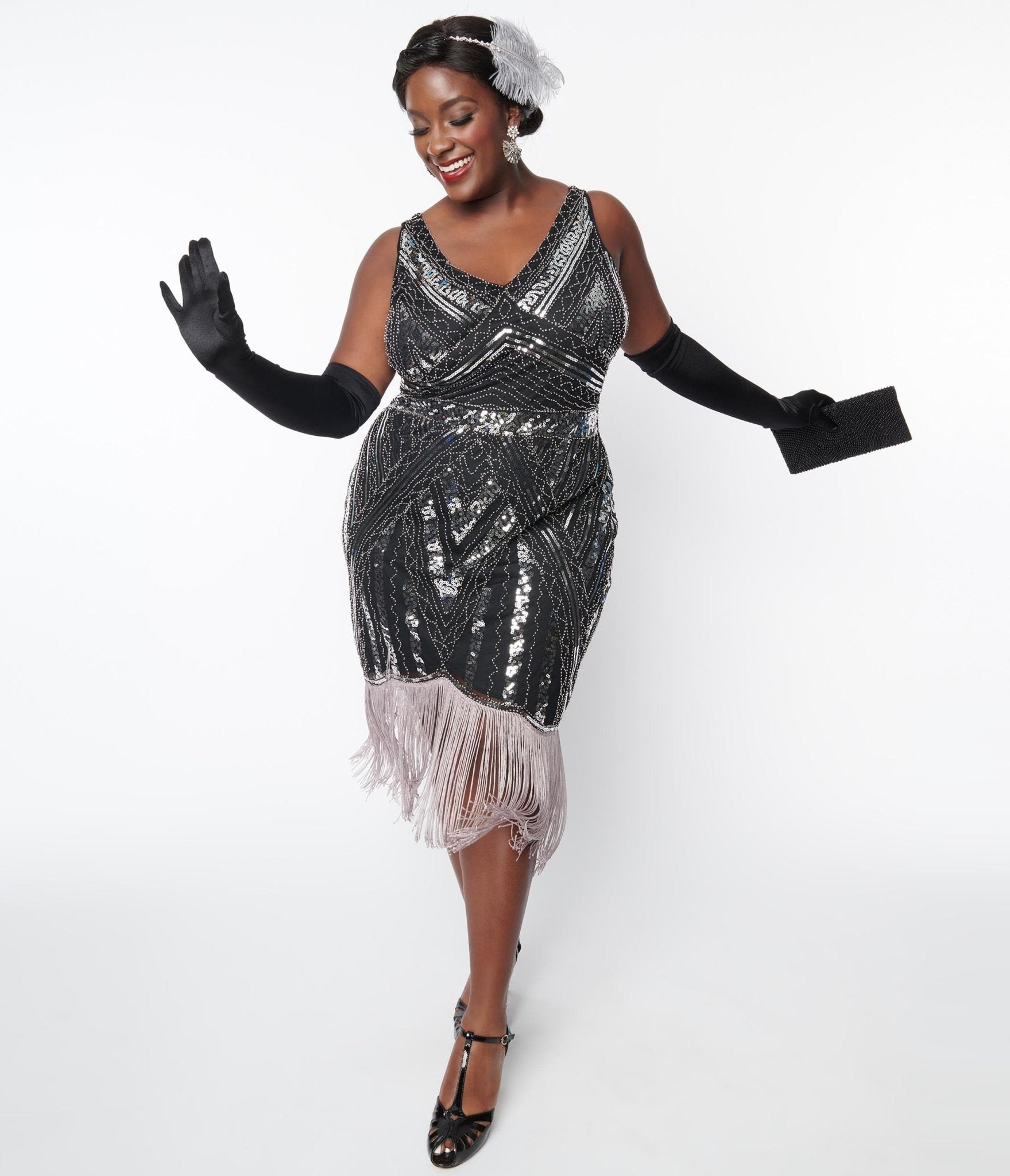  Unique Vintage Plus Size 1920s Black & Silver Sequin Flapper Dress