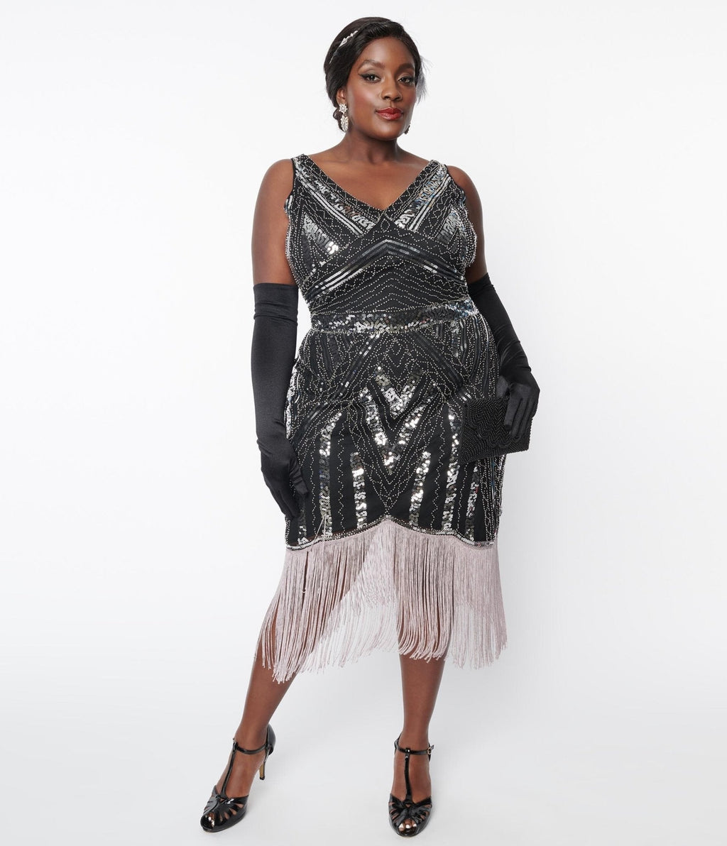  Unique Vintage Plus Size 1920s Black & Silver Sequin Flapper Dress