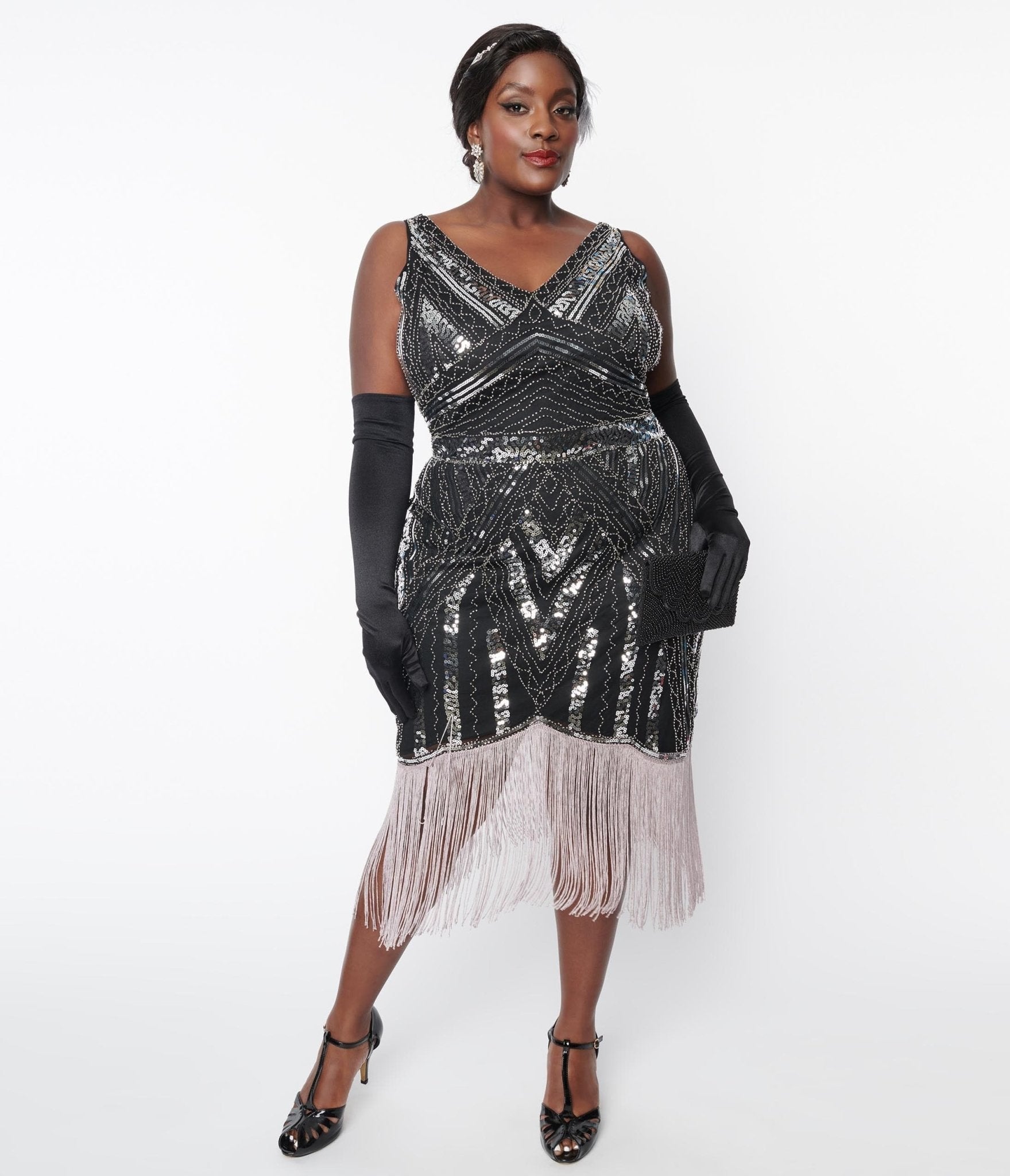  Unique Vintage Plus Size 1920s Black & Silver Sequin Flapper Dress