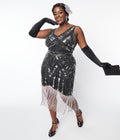  Unique Vintage Plus Size 1920s Black & Silver Sequin Flapper Dress