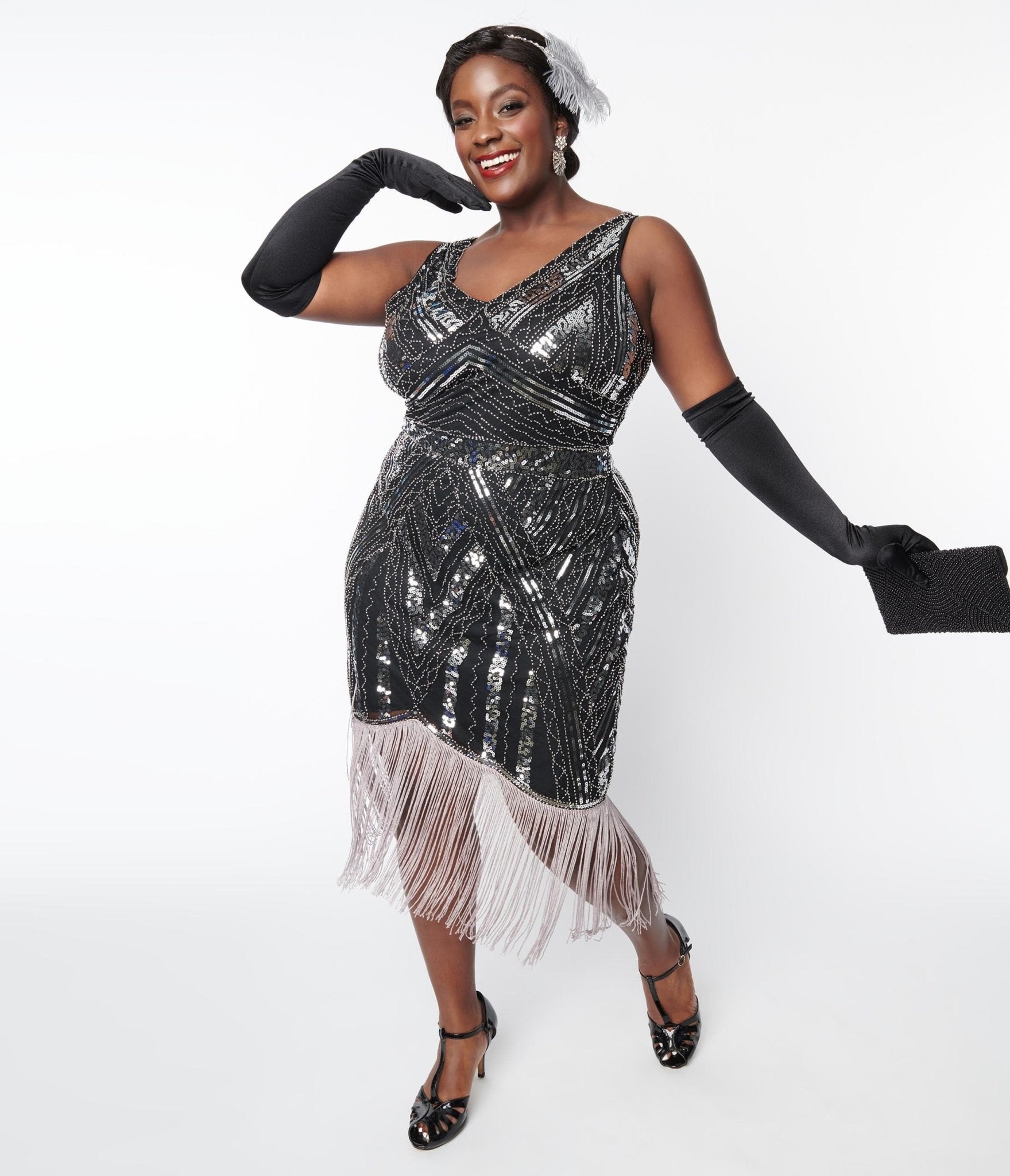  Unique Vintage Plus Size 1920s Black & Silver Sequin Flapper Dress
