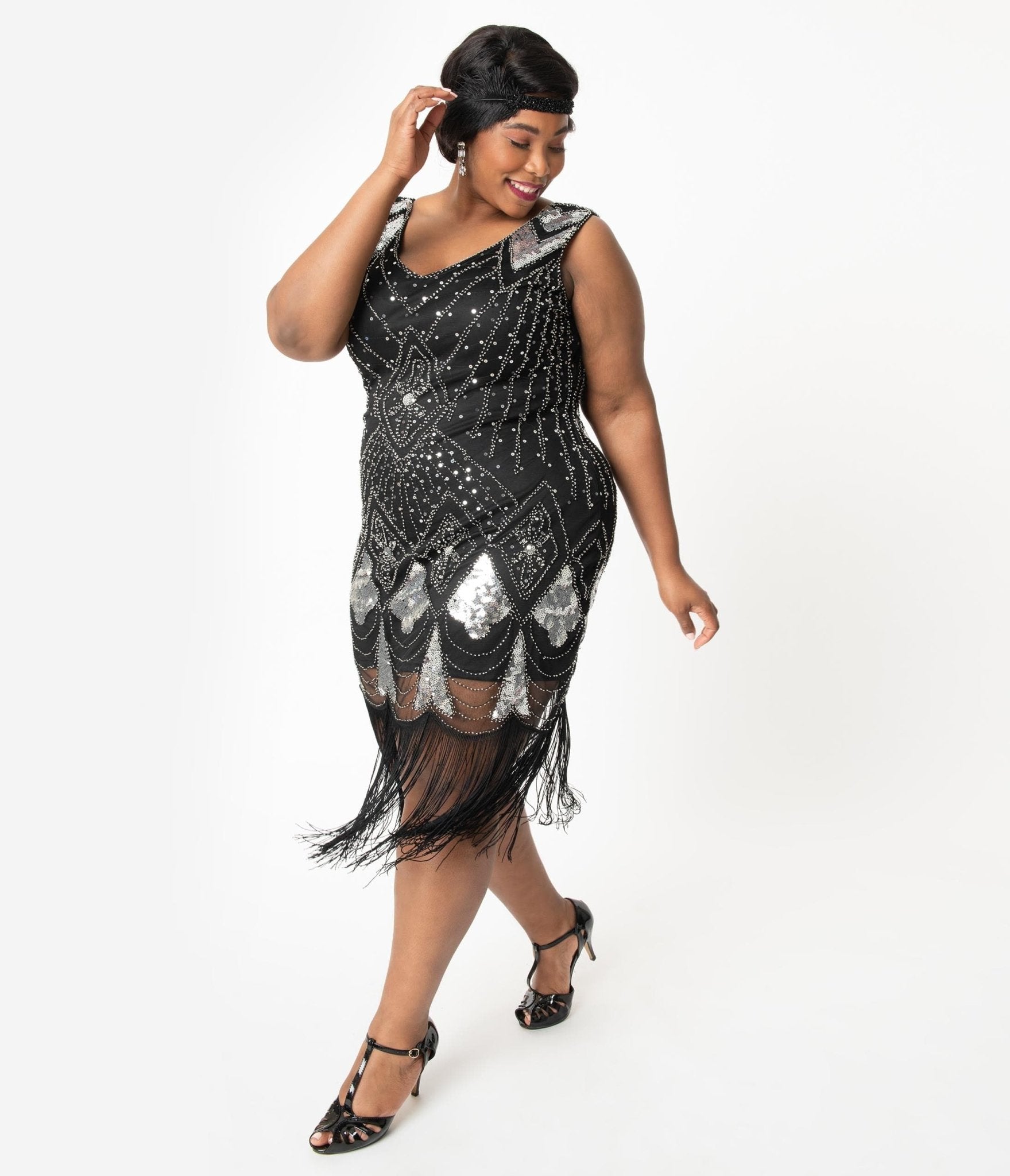  Unique Vintage Plus Size 1920s Black & Silver Sequin Lina Fringe Flapper Dress