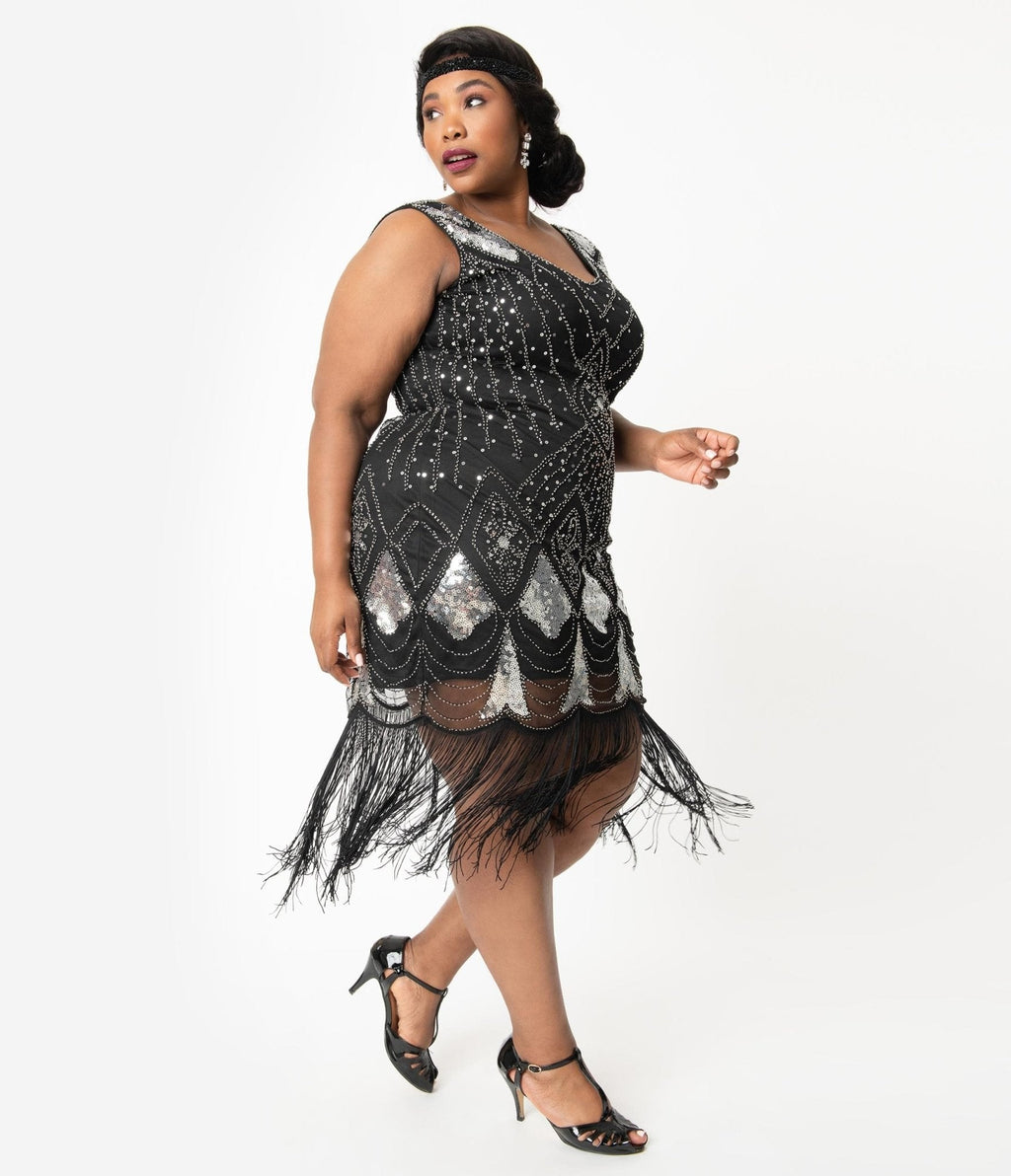  Unique Vintage Plus Size 1920s Black & Silver Sequin Lina Fringe Flapper Dress