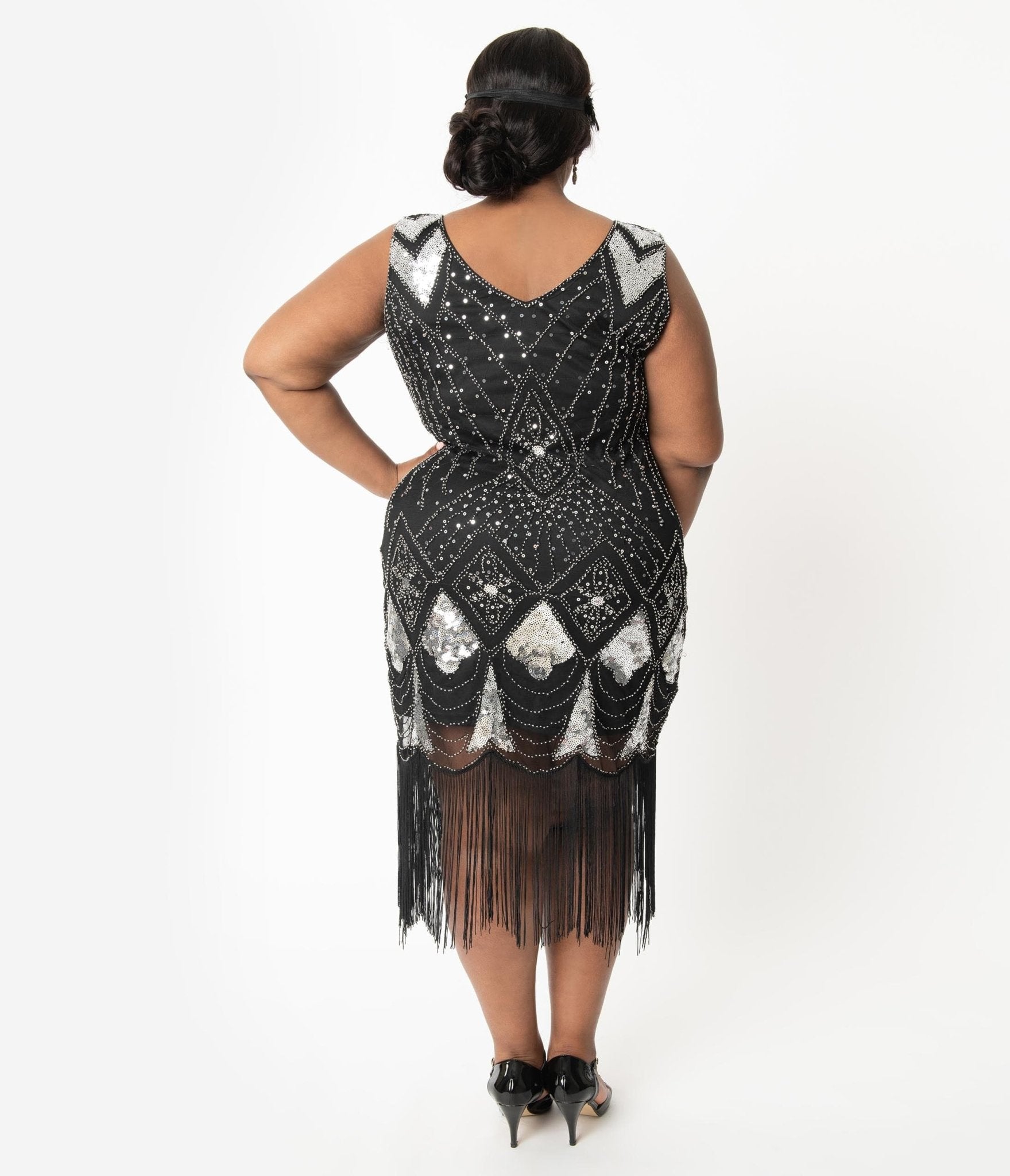  Unique Vintage Plus Size 1920s Black & Silver Sequin Lina Fringe Flapper Dress