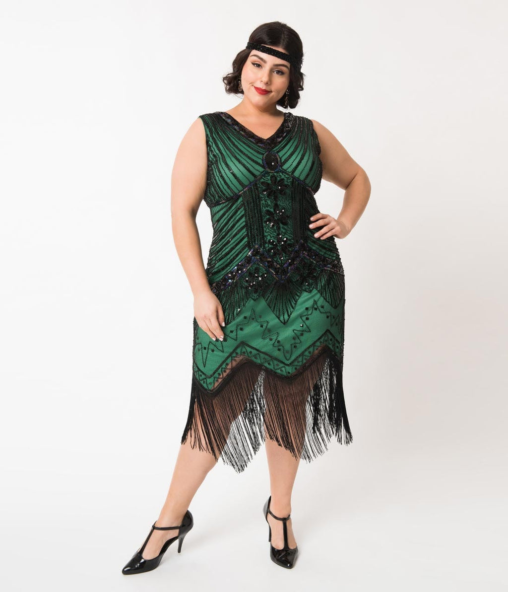  Unique Vintage Plus Size 1920s Deco Green & Black Sequin Veronique Fringe Flapper Dress