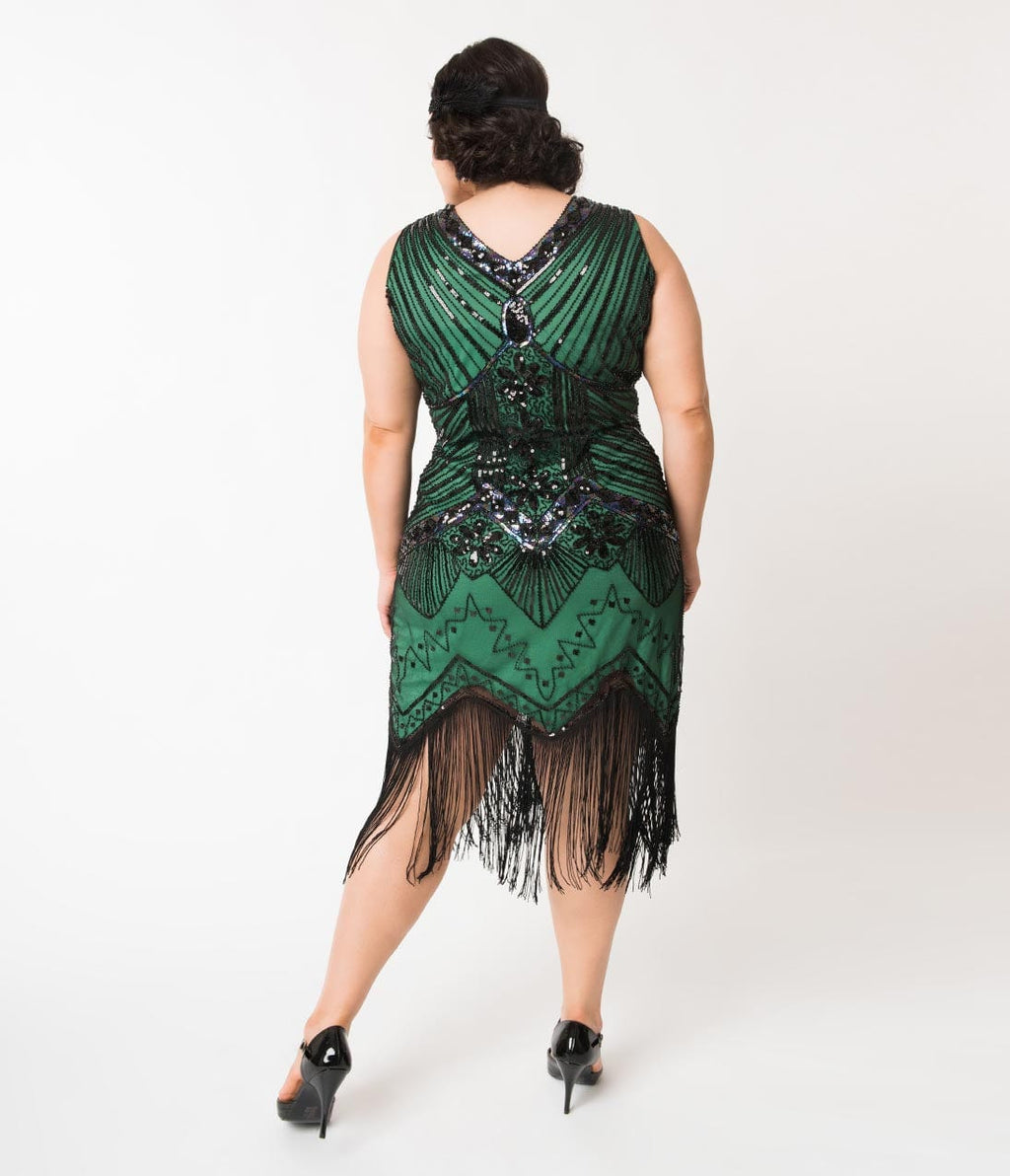  Unique Vintage Plus Size 1920s Deco Green & Black Sequin Veronique Fringe Flapper Dress