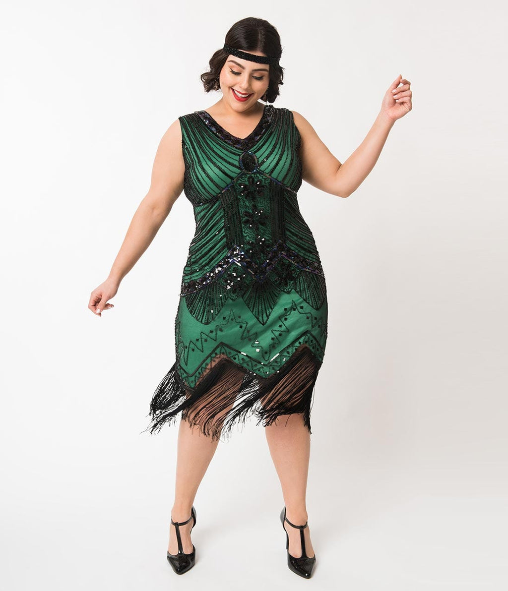  Unique Vintage Plus Size 1920s Deco Green & Black Sequin Veronique Fringe Flapper Dress