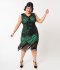  Unique Vintage Plus Size 1920s Deco Green & Black Sequin Veronique Fringe Flapper Dress