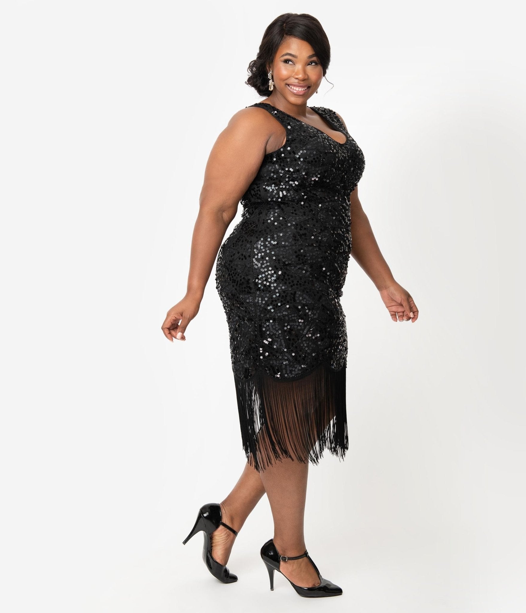  Unique Vintage Plus Size 1920s Style Black Beaded & Sequin Adalene Cocktail Flapper Dress