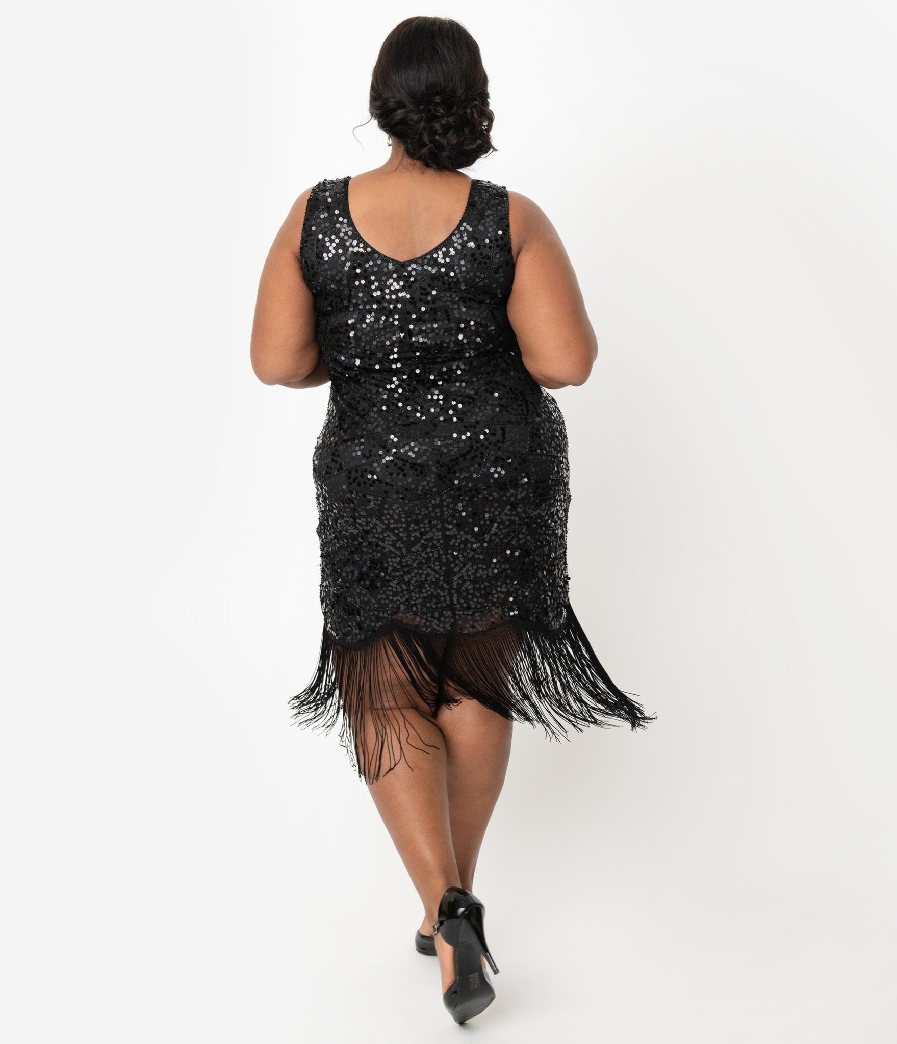  Unique Vintage Plus Size 1920s Style Black Beaded & Sequin Adalene Cocktail Flapper Dress