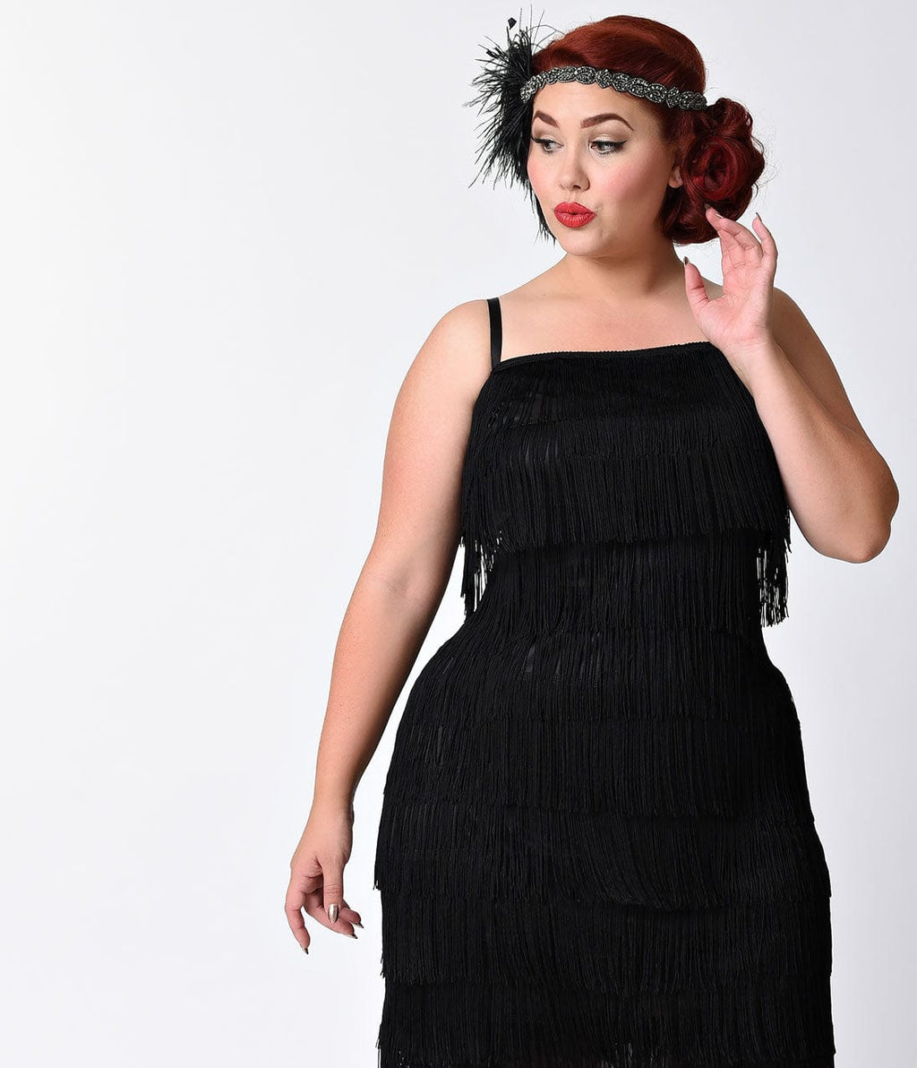  Unique Vintage Plus Size 1920s Style Black Speakeasy Tiered Fringe Flapper Dress
