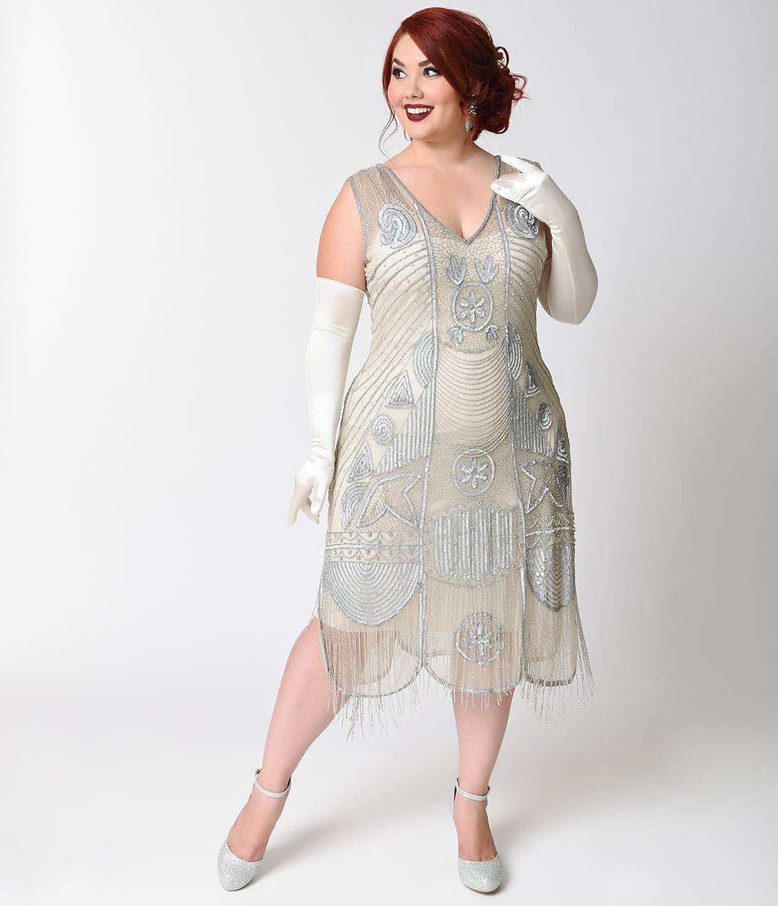  Unique Vintage Plus Size 1920s Style Silver Beaded Fringe Bosley Flapper Dress
