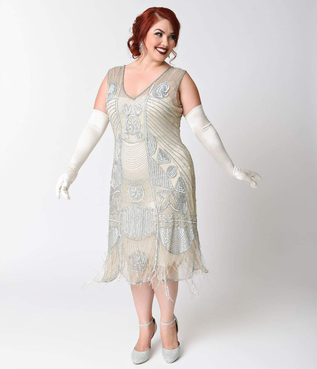  Unique Vintage Plus Size 1920s Style Silver Beaded Fringe Bosley Flapper Dress