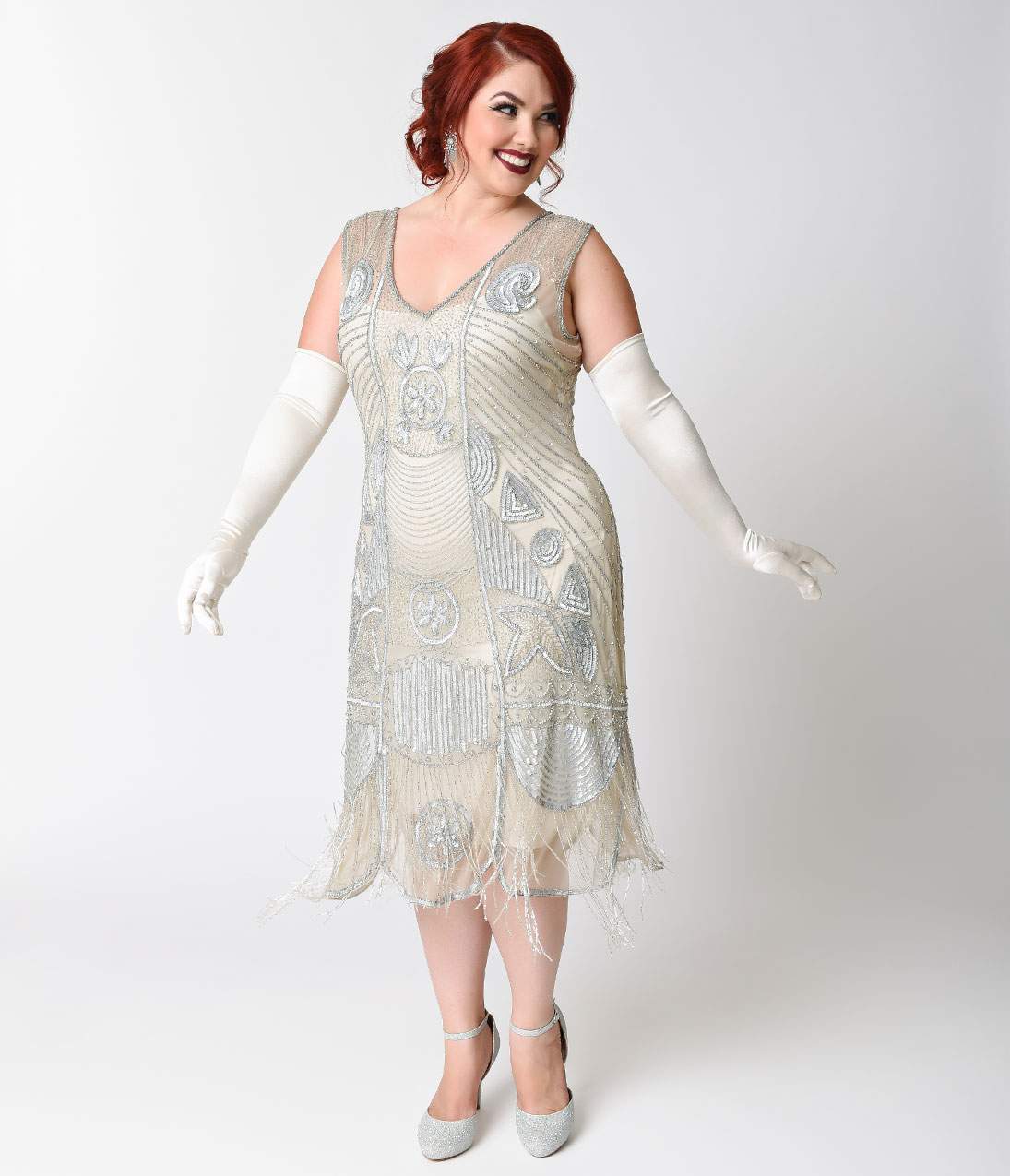  Unique Vintage Plus Size 1920s Style Silver Beaded Fringe Bosley Flapper Dress