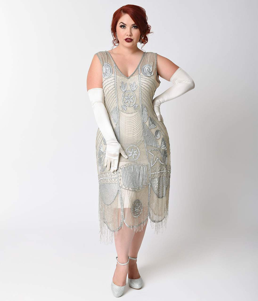  Unique Vintage Plus Size 1920s Style Silver Beaded Fringe Bosley Flapper Dress