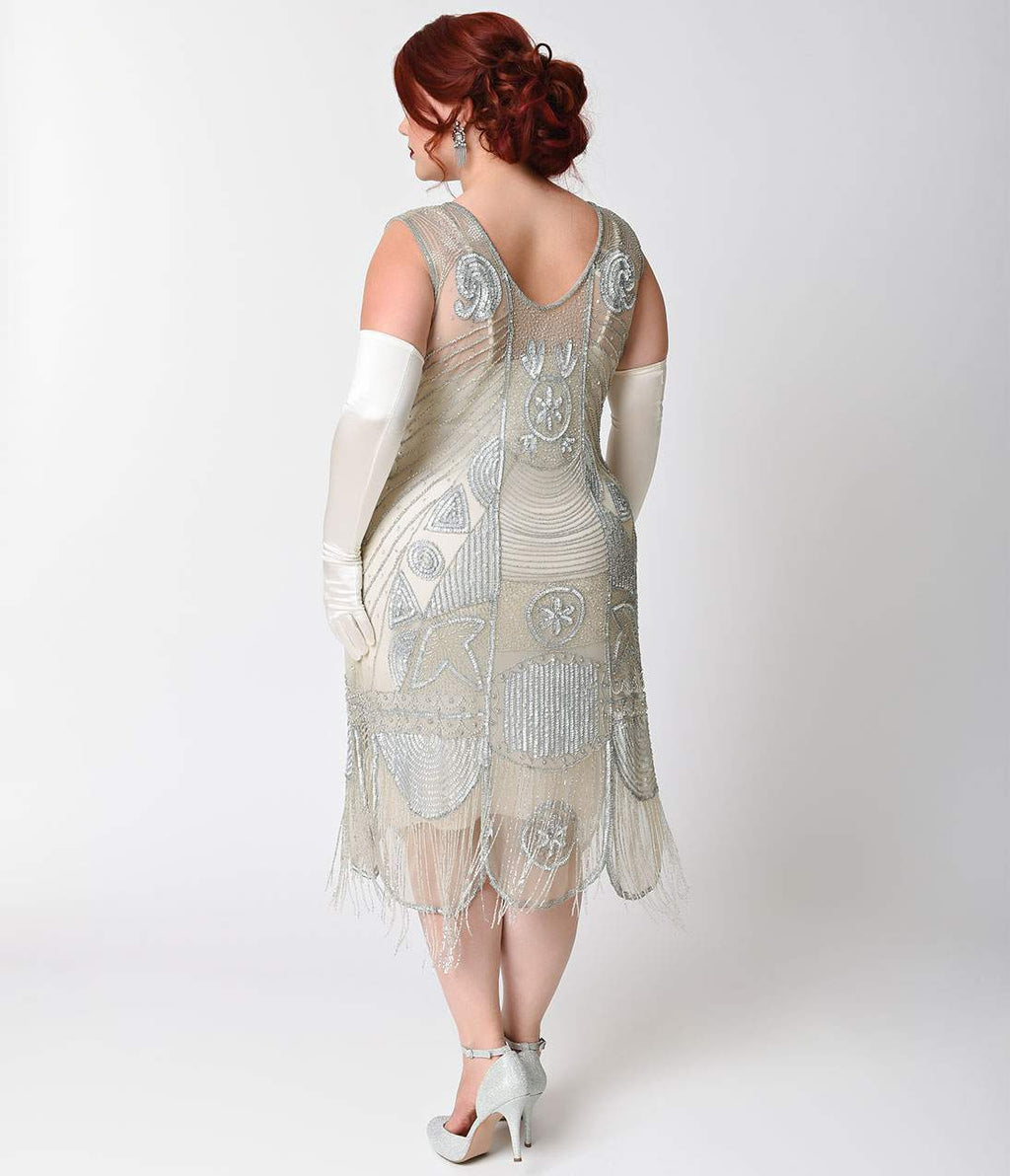  Unique Vintage Plus Size 1920s Style Silver Beaded Fringe Bosley Flapper Dress