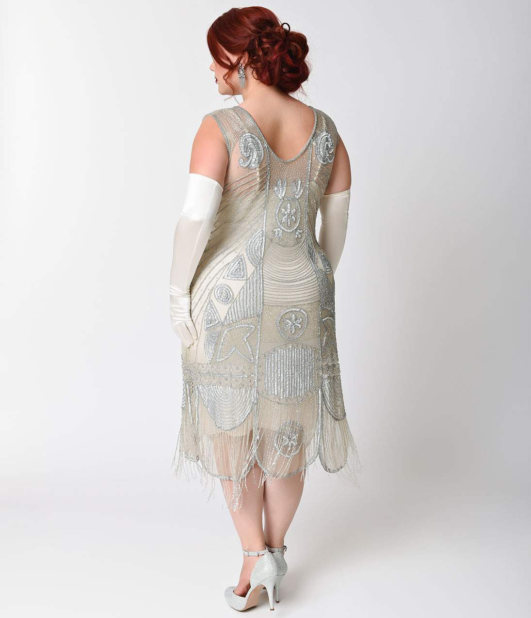  Unique Vintage Plus Size 1920s Style Silver Beaded Fringe Bosley Flapper Dress