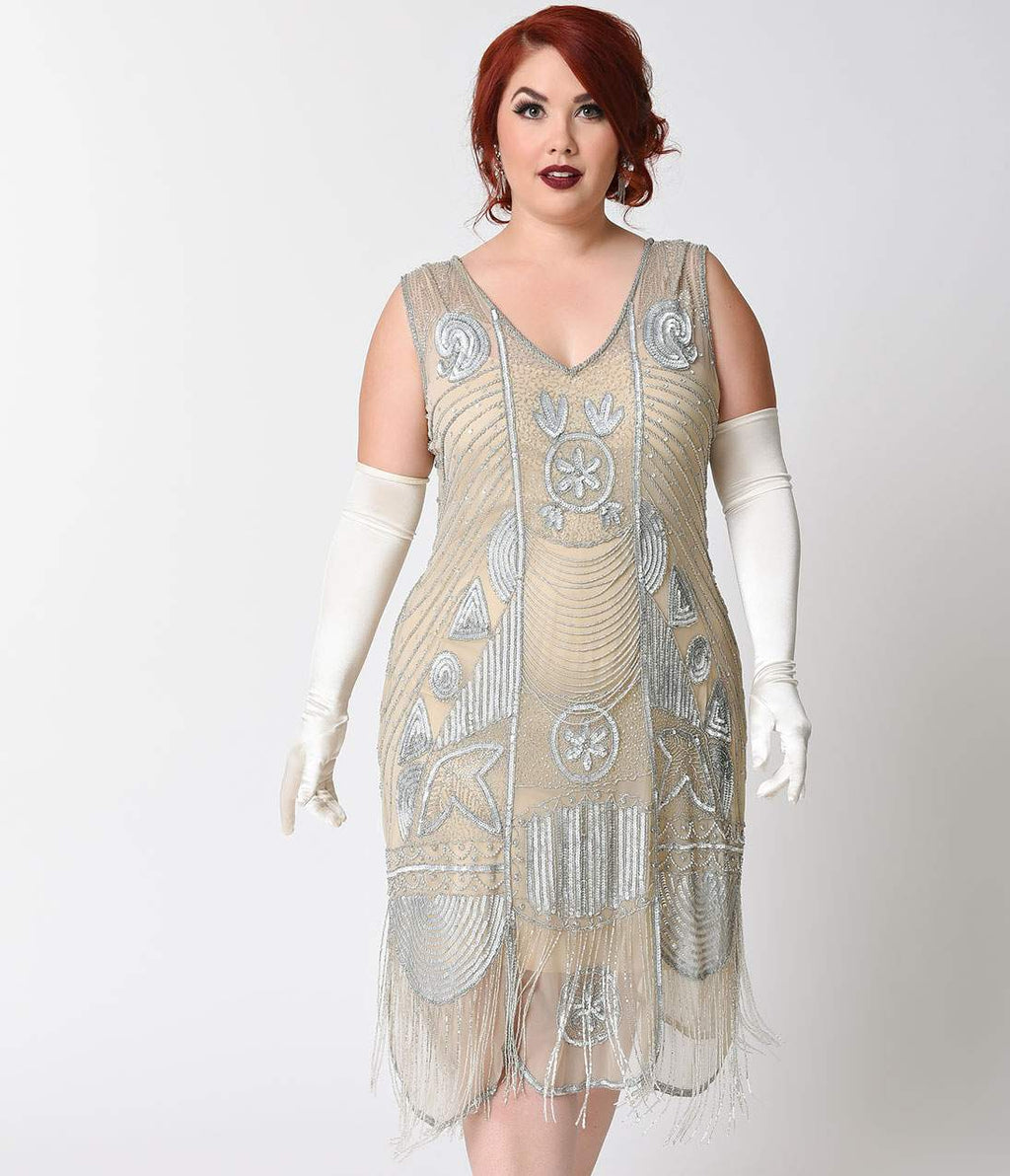  Unique Vintage Plus Size 1920s Style Silver Beaded Fringe Bosley Flapper Dress