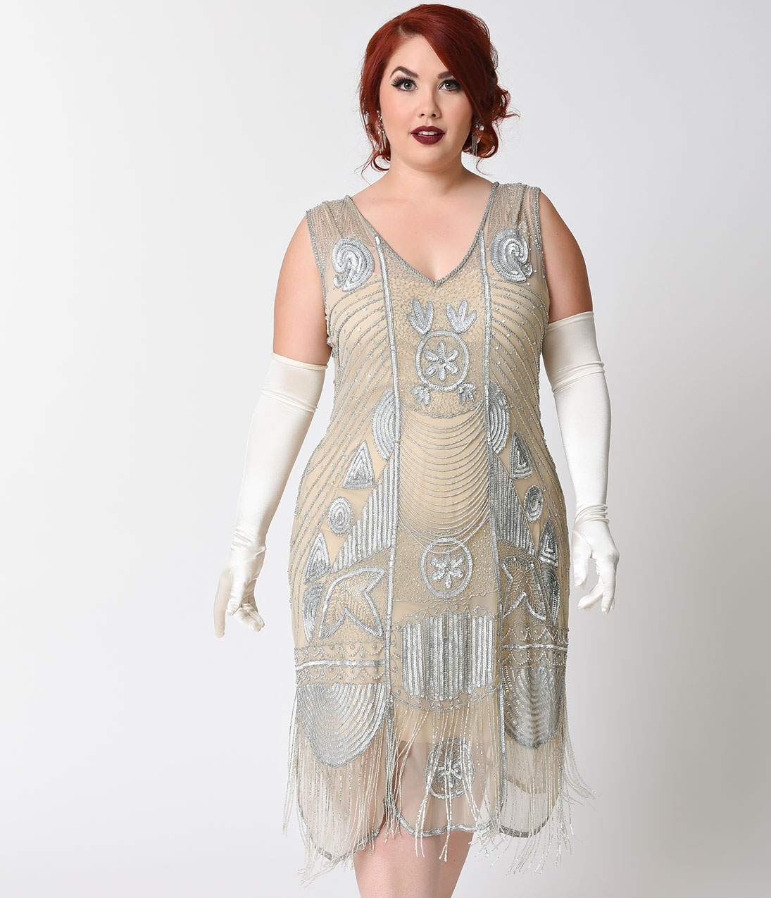  Unique Vintage Plus Size 1920s Style Silver Beaded Fringe Bosley Flapper Dress