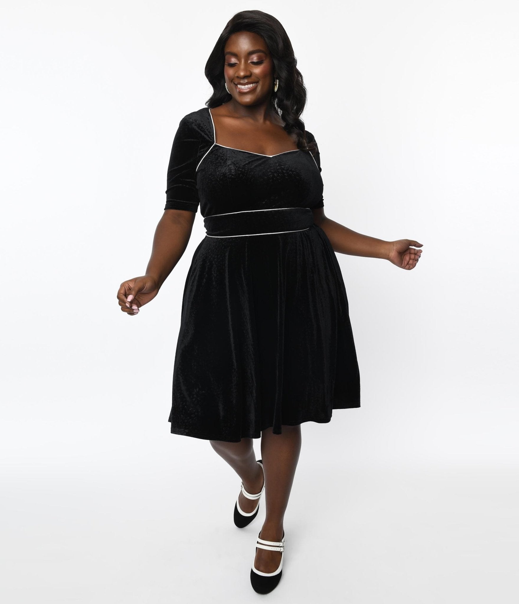  Unique Vintage Plus Size Black Floral Embossed Velvet Bolero Flare Dress