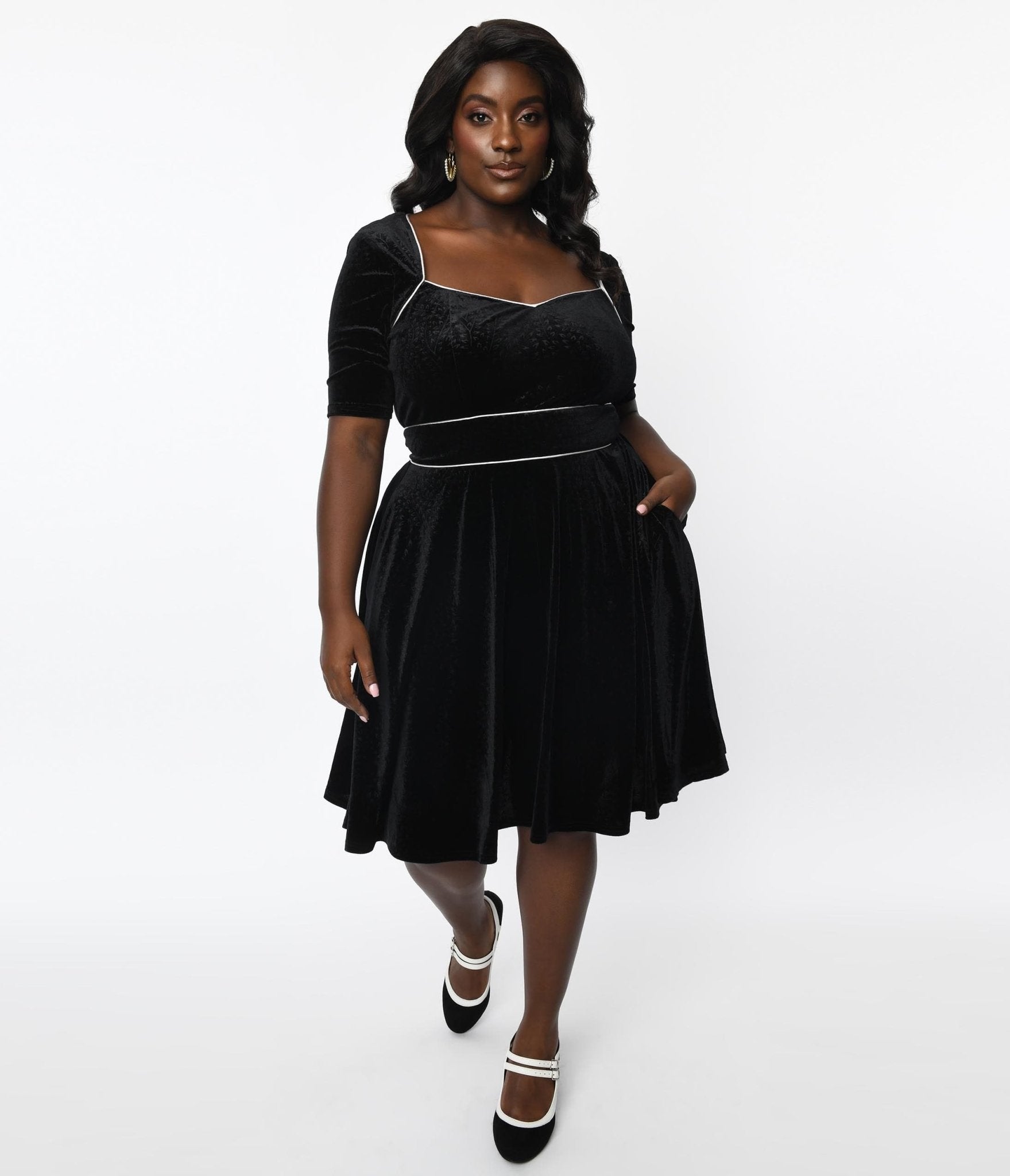  Unique Vintage Plus Size Black Floral Embossed Velvet Bolero Flare Dress