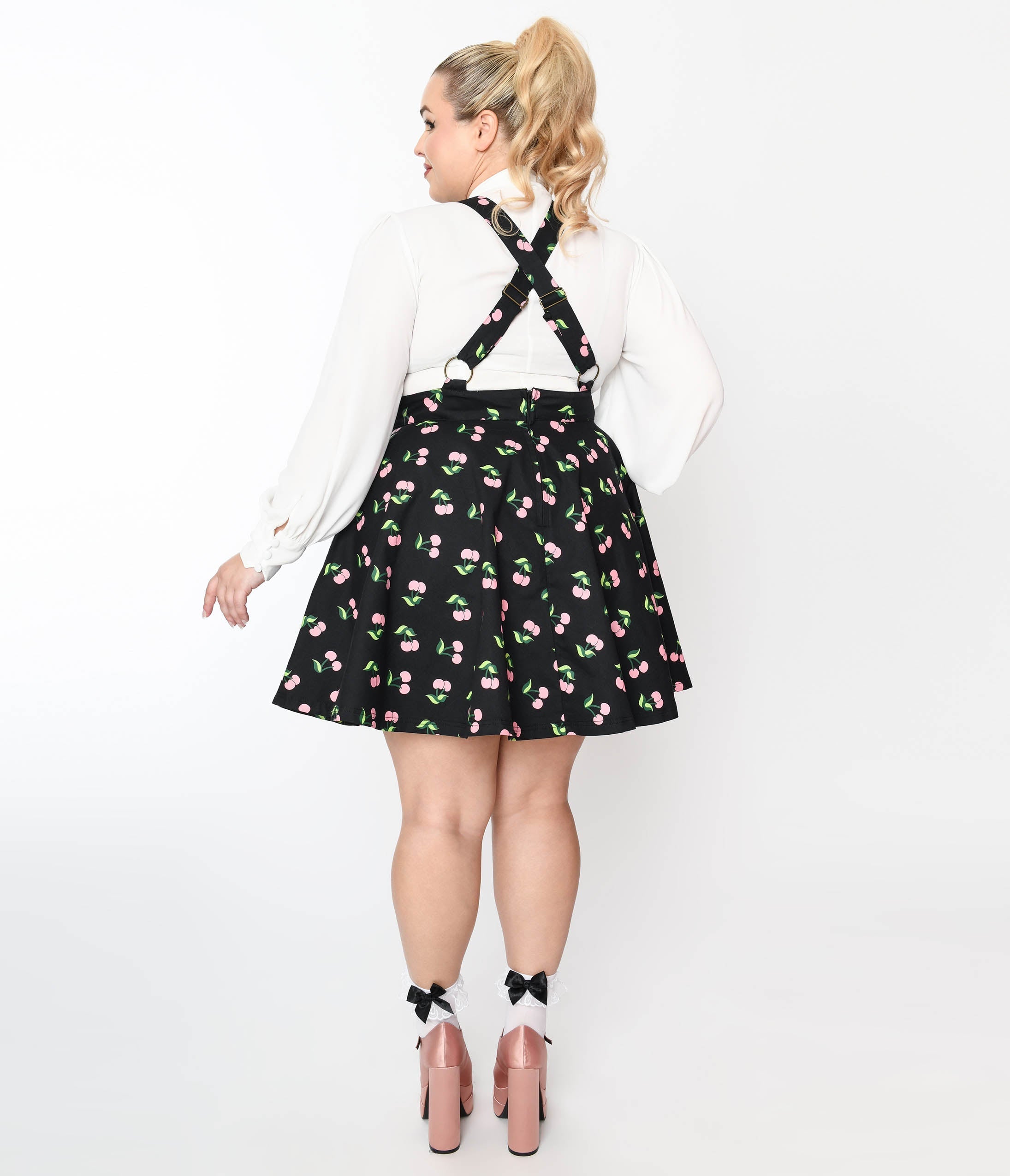  Unique Vintage Plus Size Black & Pink Cherries Brionne Pinafore Skirt
