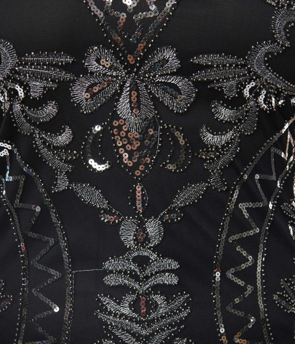  Unique Vintage Plus Size Black & Silver Sequin Sleeveless Fringe Flapper Dress