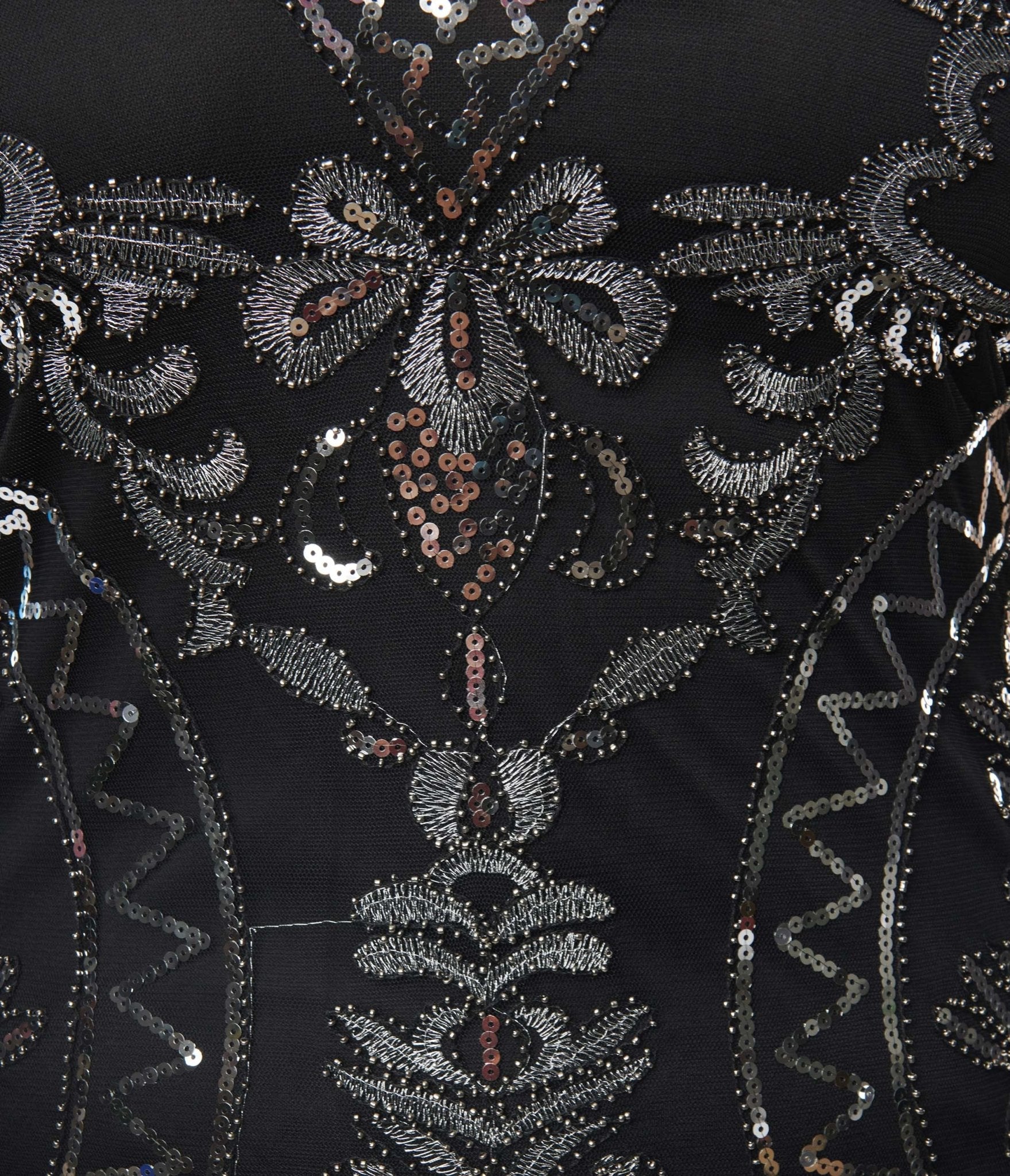  Unique Vintage Plus Size Black & Silver Sequin Sleeveless Fringe Flapper Dress