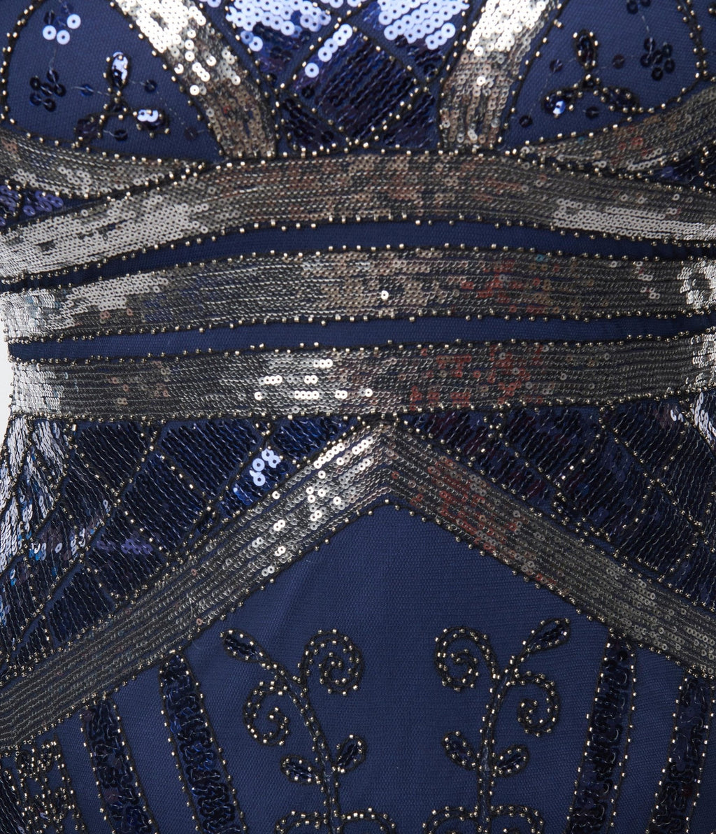  Unique Vintage Plus Size Dark Blue & Silver Deco Sequin Flapper Dress