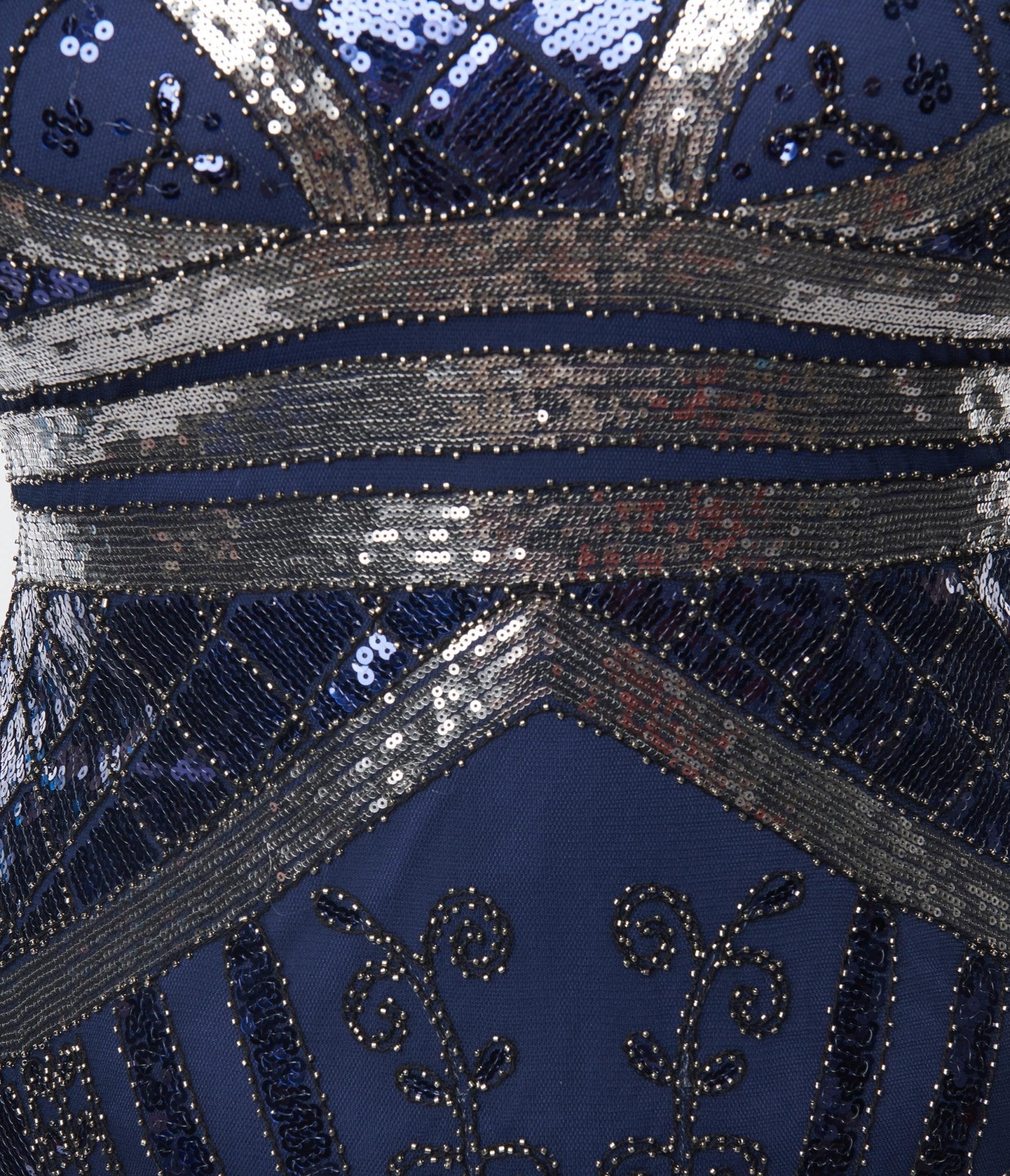  Unique Vintage Plus Size Dark Blue & Silver Deco Sequin Flapper Dress