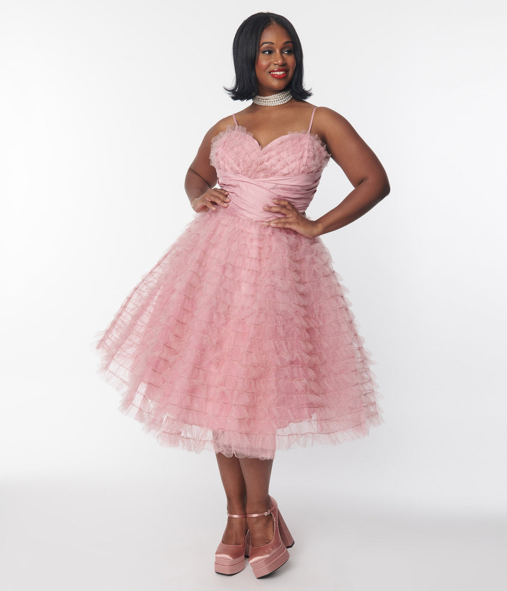  Unique Vintage Plus Size Dusty Rose Glitter Tulle Cupcake Swing Dress