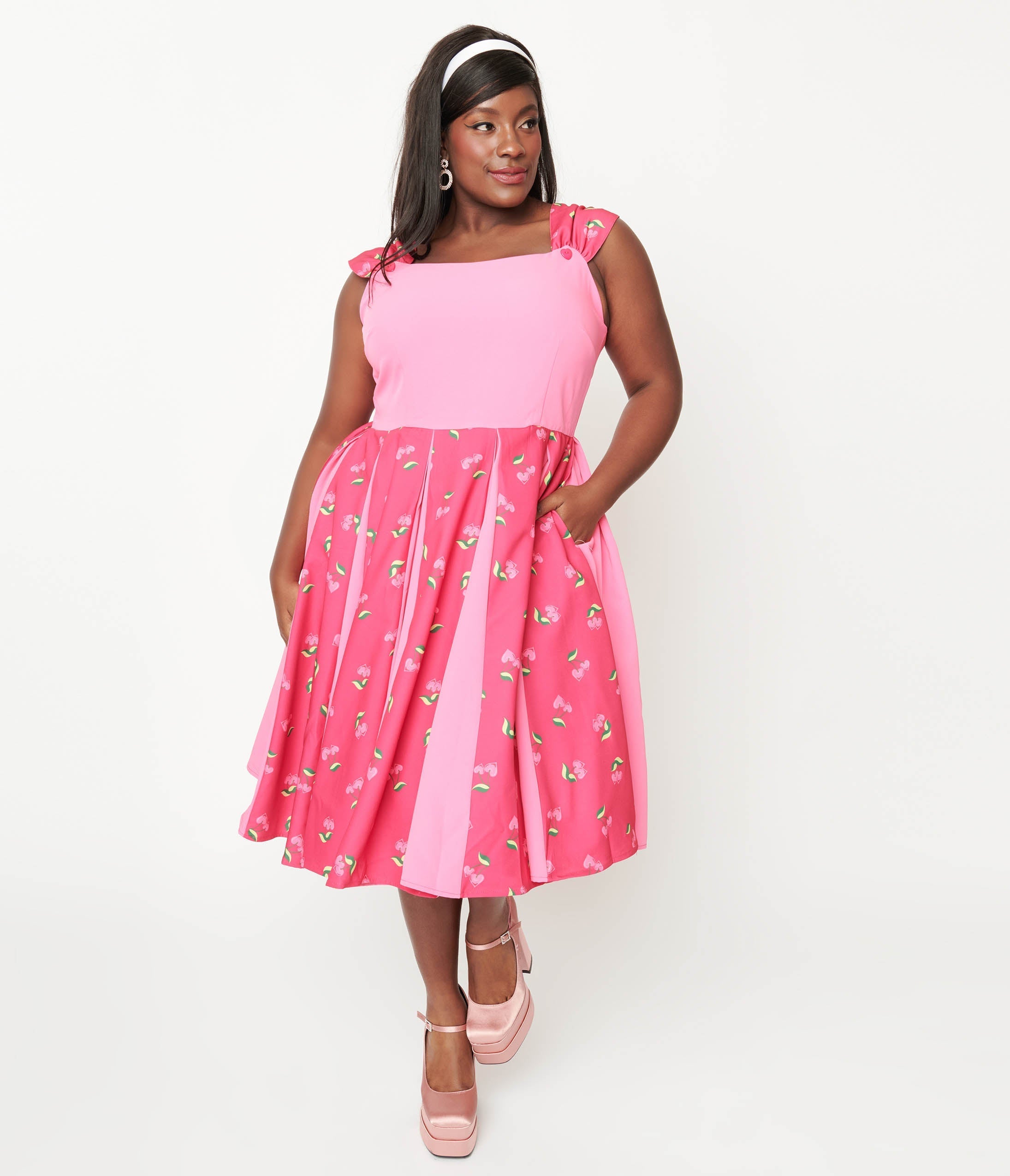  Unique Vintage Plus Size Hot Pink & Heart Cherry Stripe Swing Dress