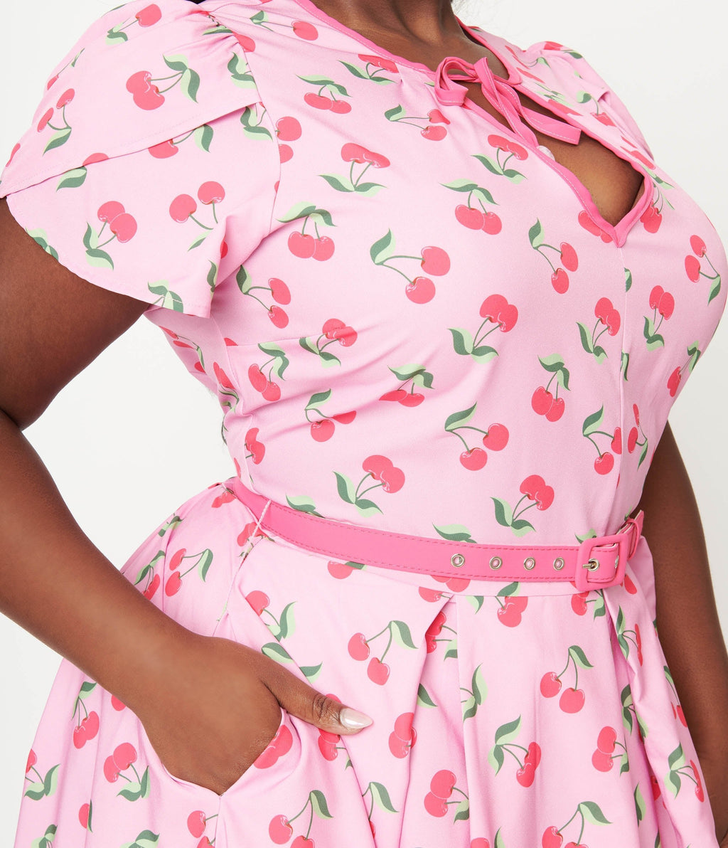  Unique Vintage Plus Size Lavender & Hot Pink Cherry Print Dahlia Swing Dress