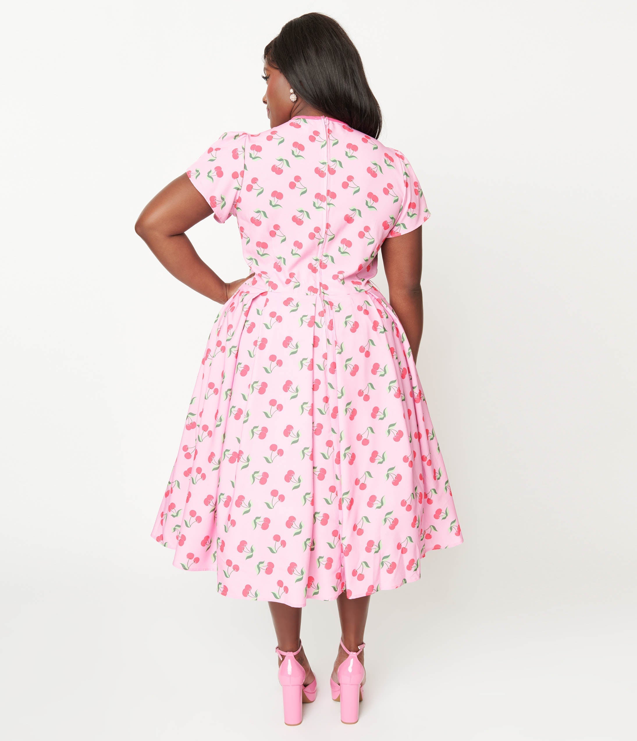  Unique Vintage Plus Size Lavender & Hot Pink Cherry Print Dahlia Swing Dress