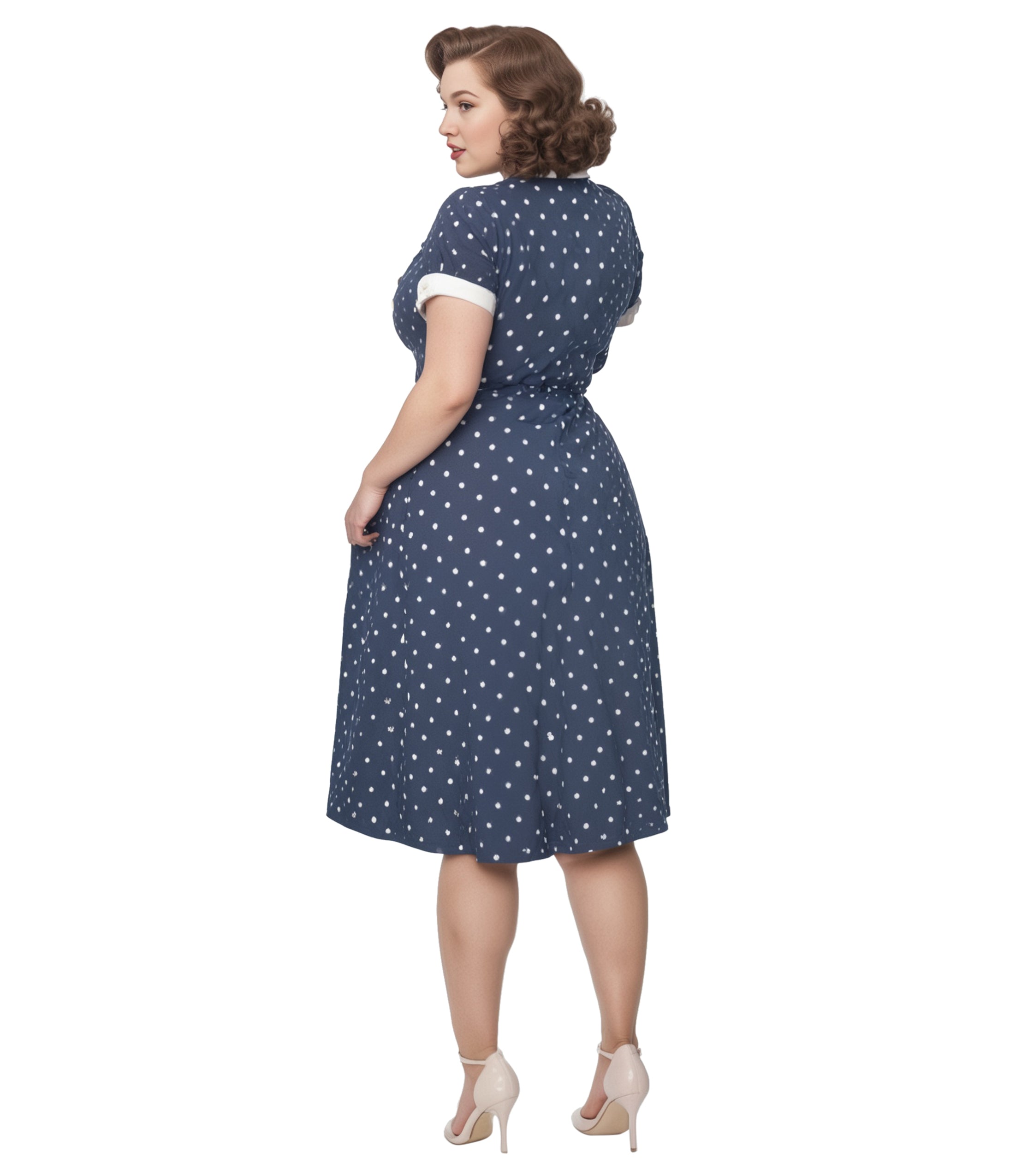  Unique Vintage Plus Size Navy & White Pin Dot Contrast Button Swing Dress
