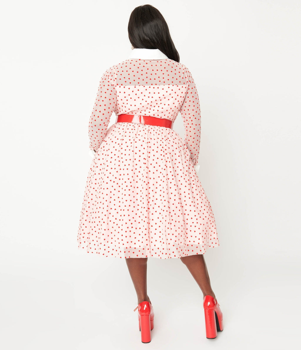  Unique Vintage Plus Size Pink & Red Flocked Hearts Tulle Swing Dress