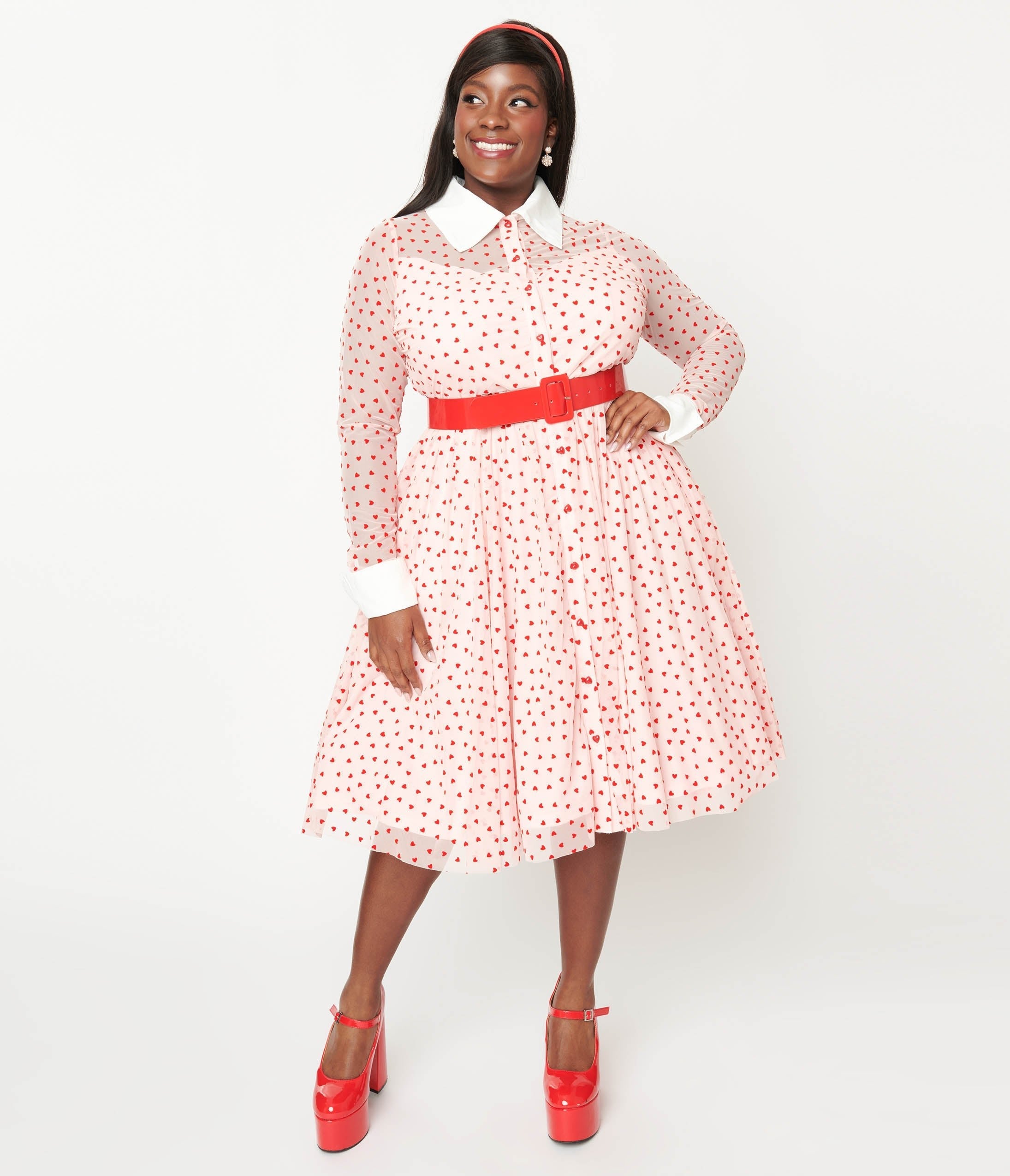  Unique Vintage Plus Size Pink & Red Flocked Hearts Tulle Swing Dress