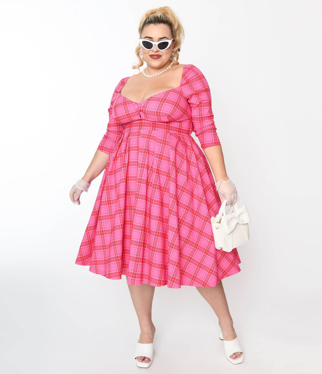  Unique Vintage Plus Size Pink & Red Plaid Lamar Swing Dress
