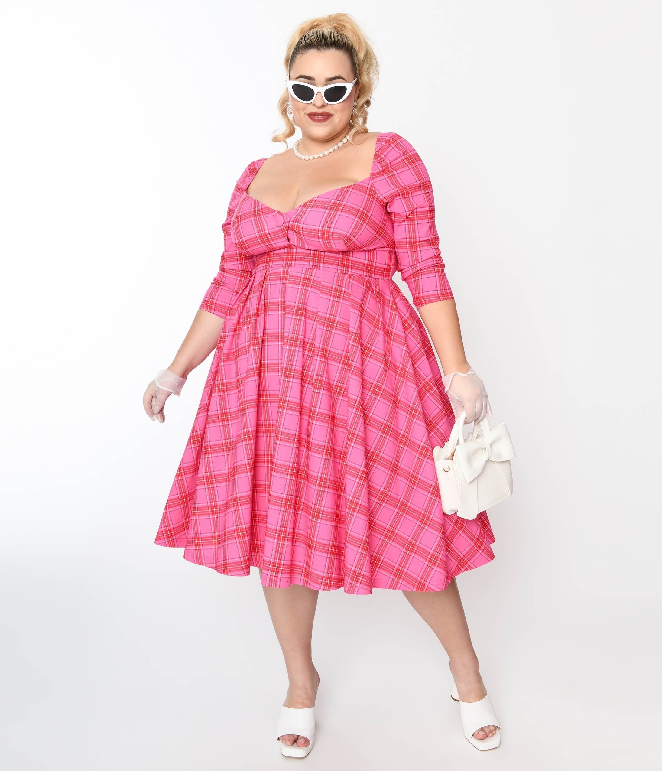  Unique Vintage Plus Size Pink & Red Plaid Lamar Swing Dress