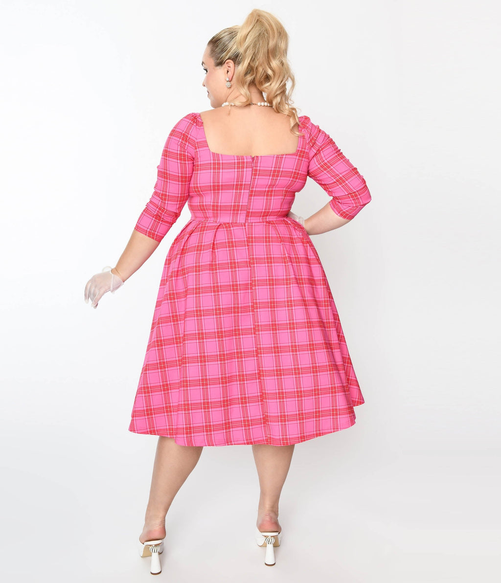  Unique Vintage Plus Size Pink & Red Plaid Lamar Swing Dress