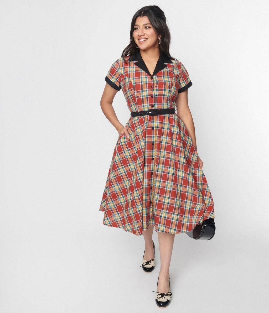 Unique Vintage Red Plaid & Black Contrast Alexis Swing Dress