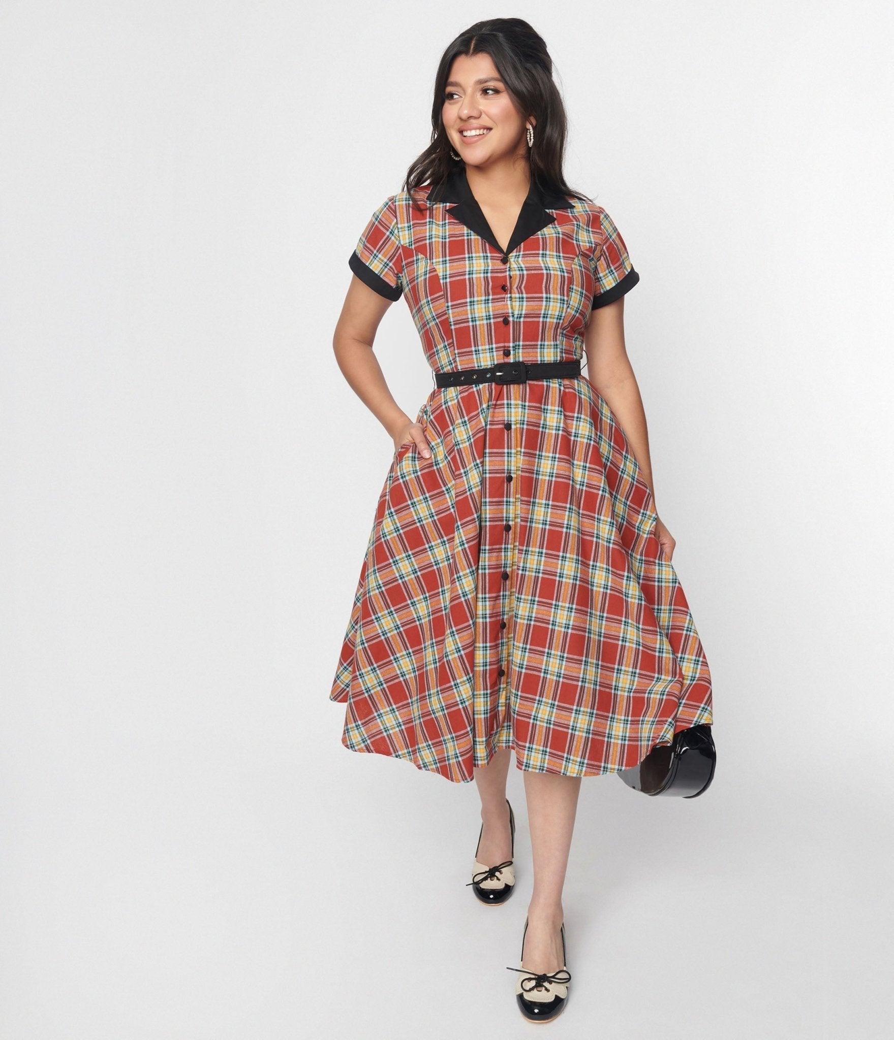  Unique Vintage Red Plaid & Black Contrast Alexis Swing Dress