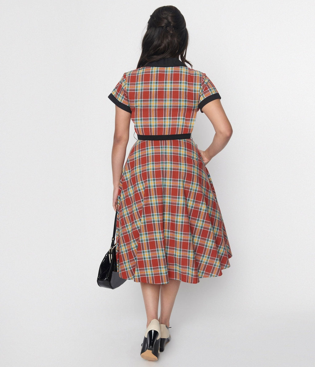  Unique Vintage Red Plaid & Black Contrast Alexis Swing Dress