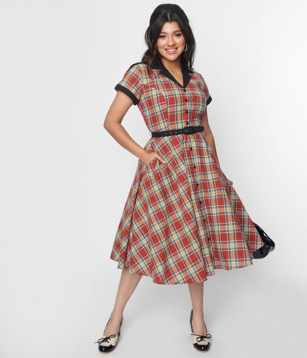  Unique Vintage Red Plaid & Black Contrast Alexis Swing Dress