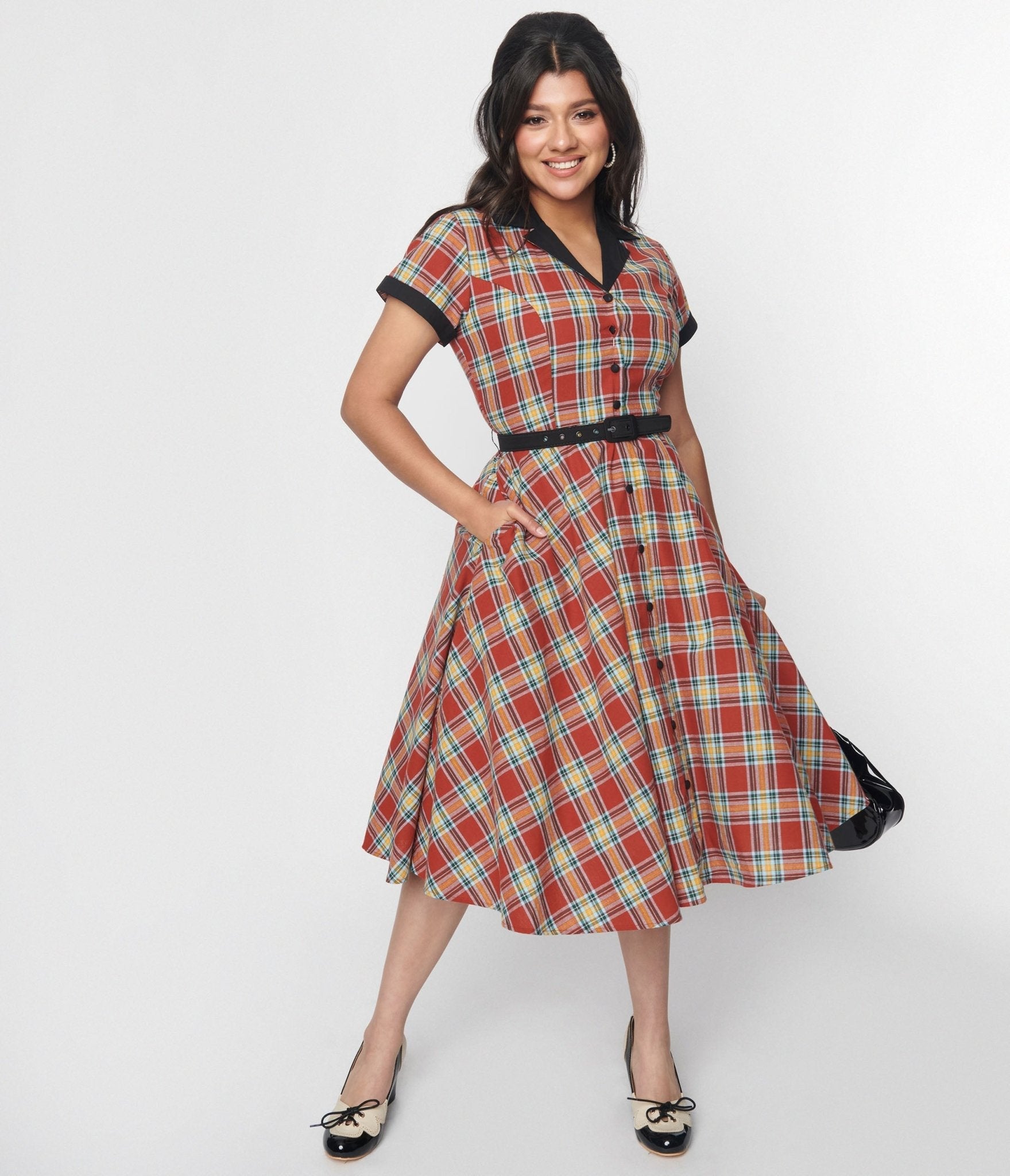  Unique Vintage Red Plaid & Black Contrast Alexis Swing Dress