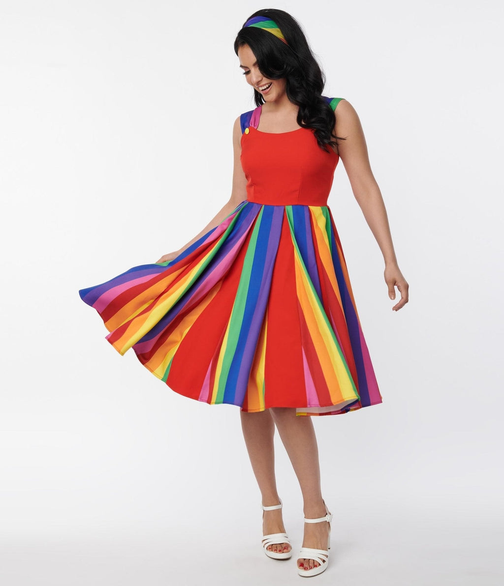  Unique Vintage Red & Rainbow Stripe Swing Dress