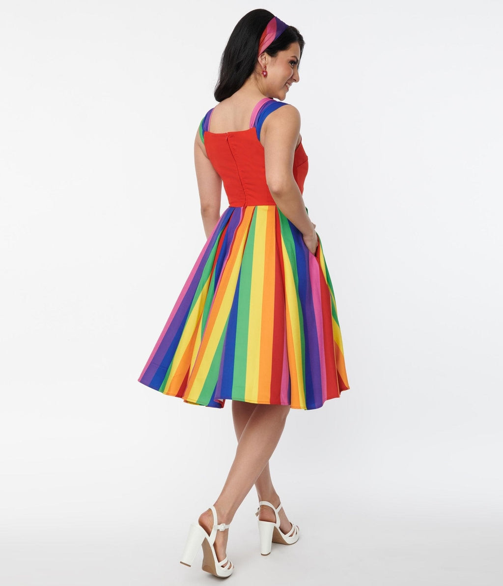  Unique Vintage Red & Rainbow Stripe Swing Dress