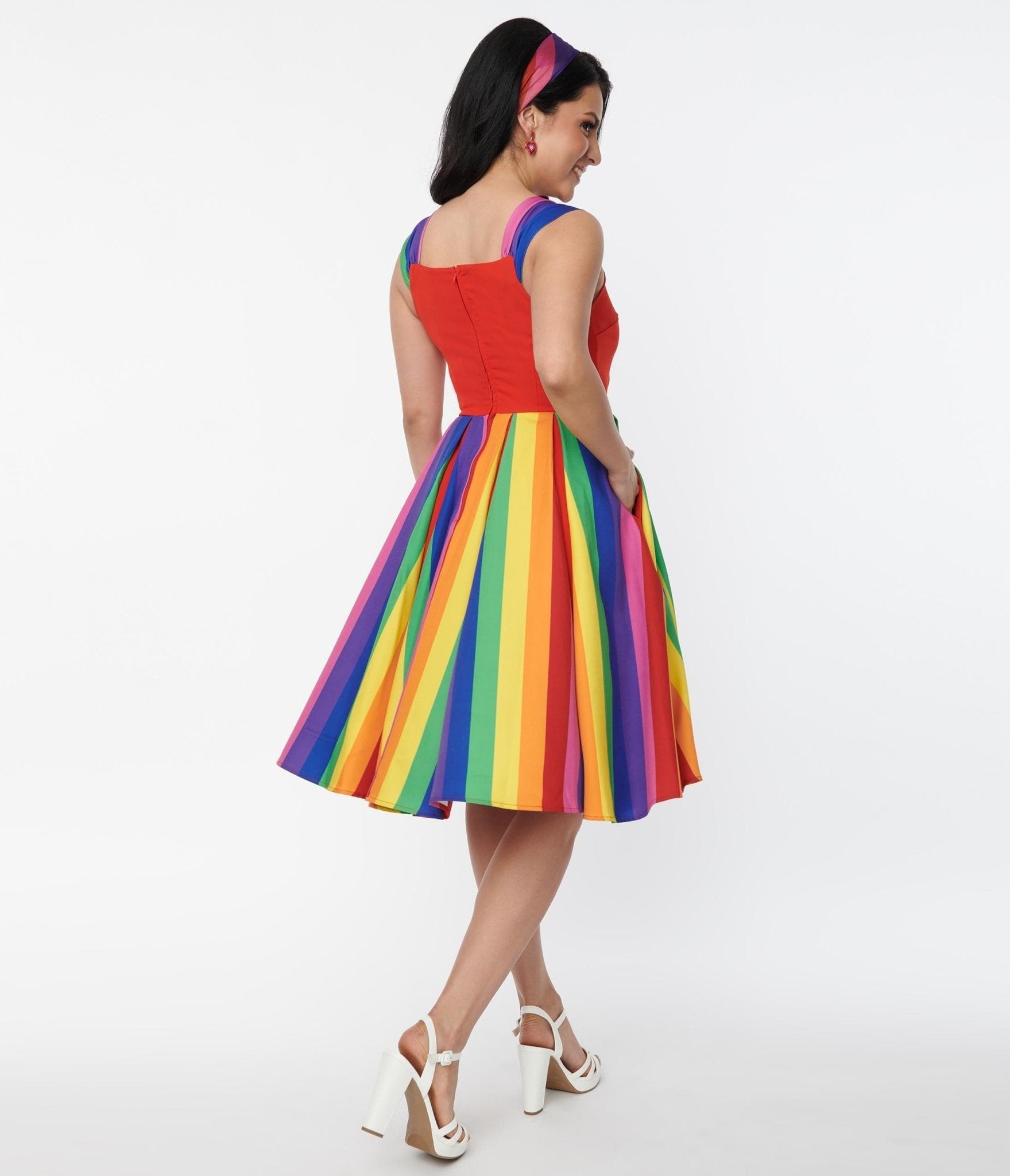  Unique Vintage Red & Rainbow Stripe Swing Dress