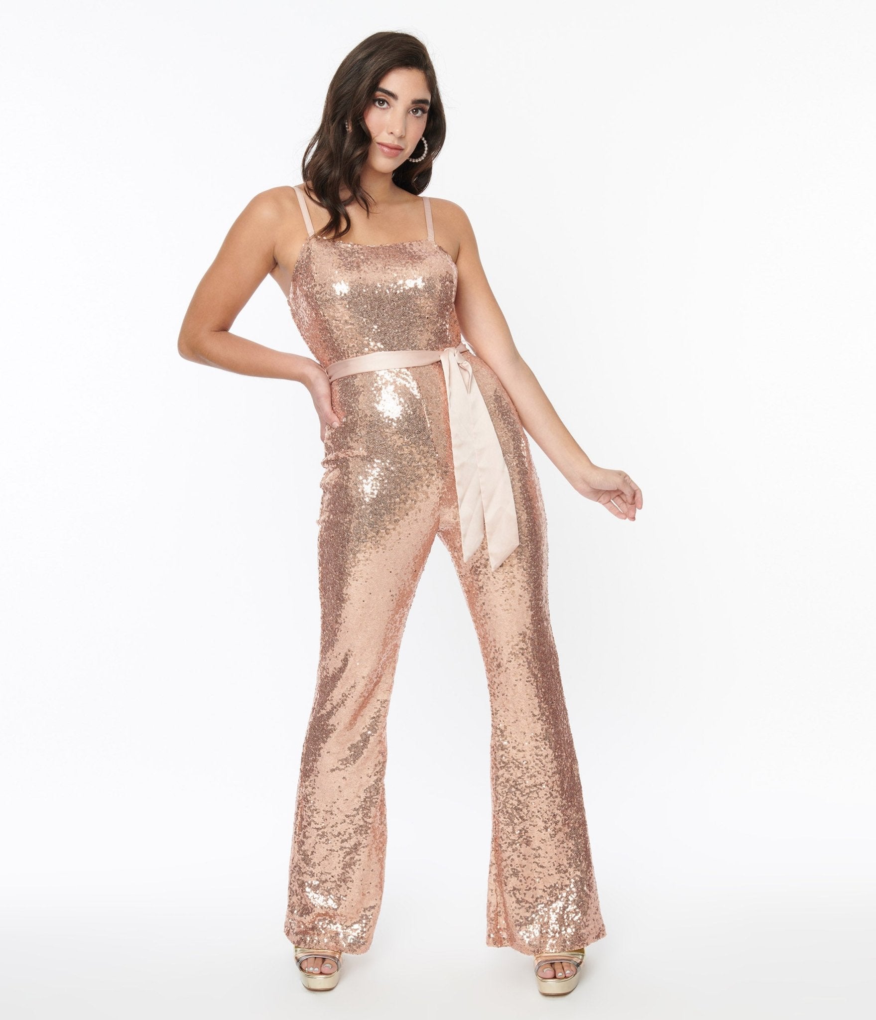  Unique Vintage Rose Gold Sequin Flare Jumpsuit