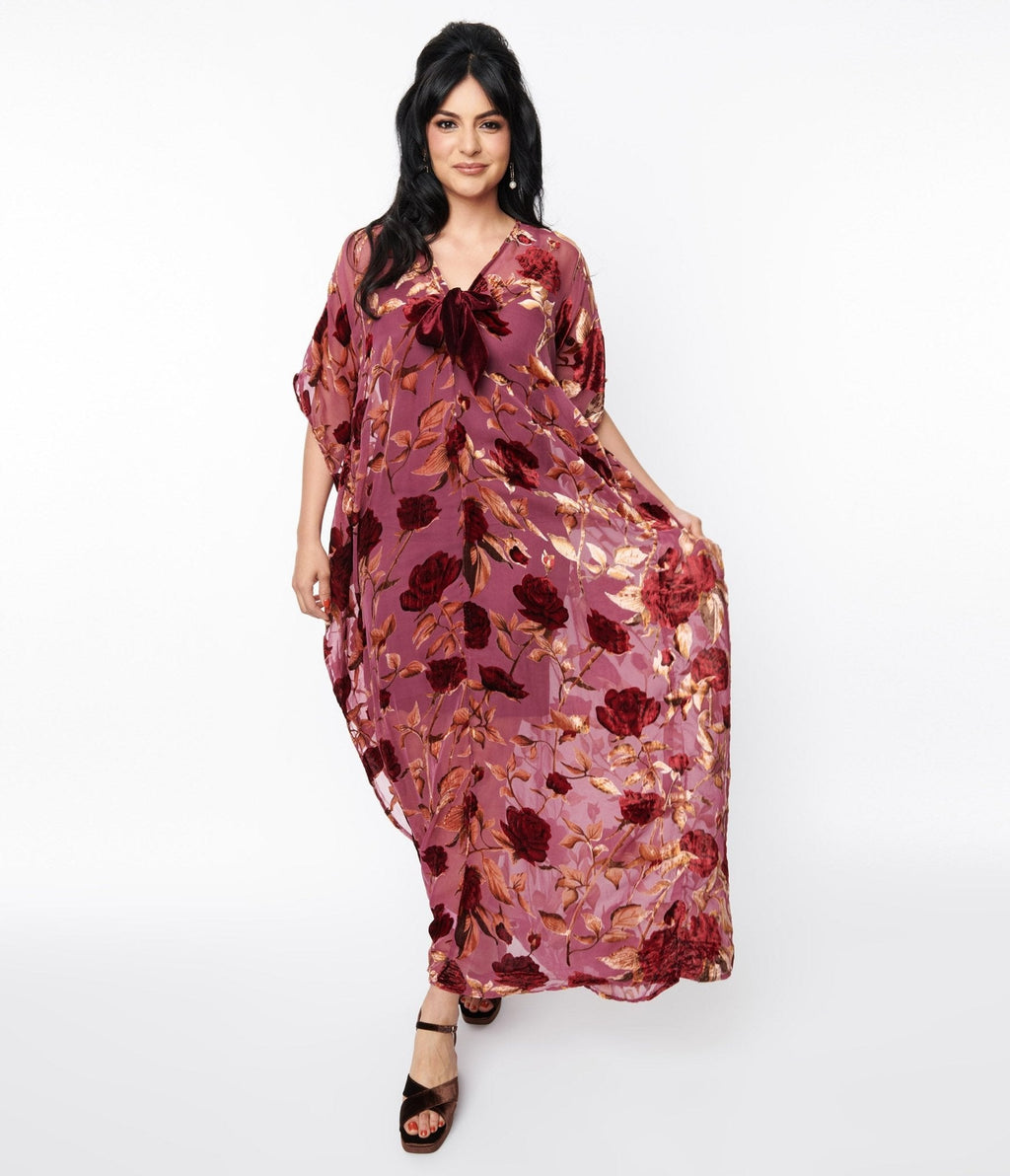  Unique Vintage Sheer Red Rose Velvet Burnout Bow Front Caftan